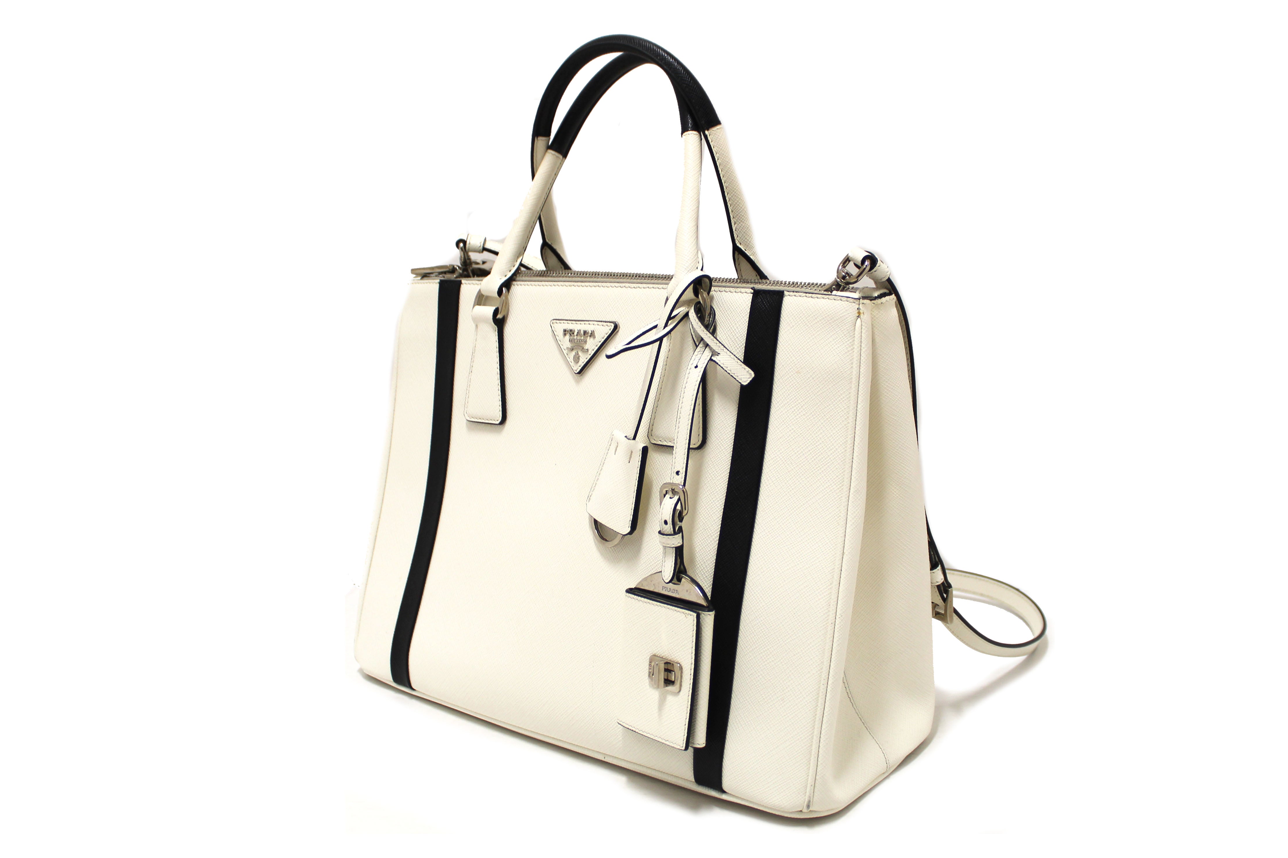 Authentic Prada White and Black Bi-Color Saffiano Leather Galleria Large Tote Bag - Luxury Designer Handbag for Women, Work, Travel & Everyday Use