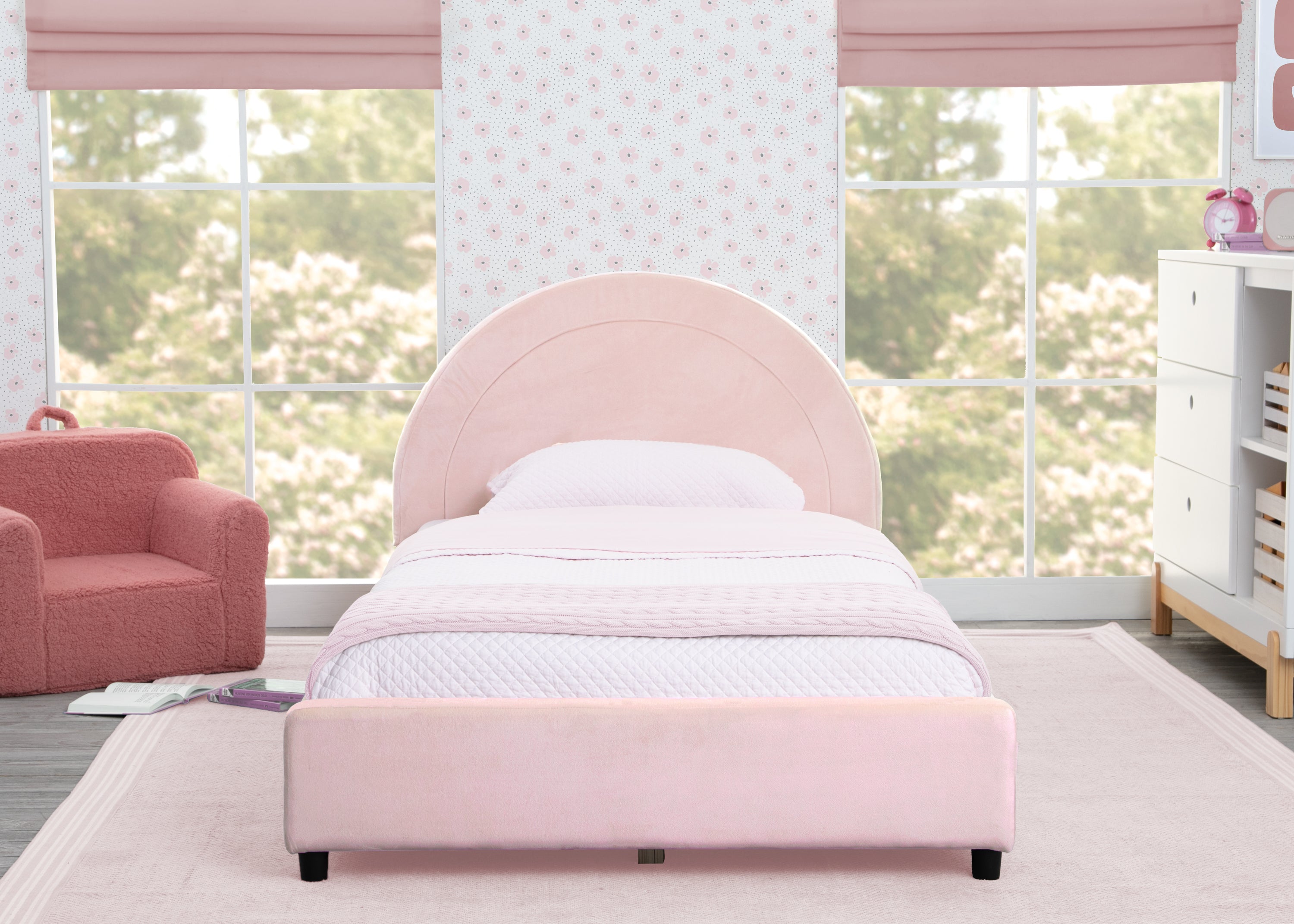 Upholstered Twin Bed with Round Headboard - Soft Fabric Frame for Kids & Teens - Perfect for Bedrooms, Dorms & Guest Rooms