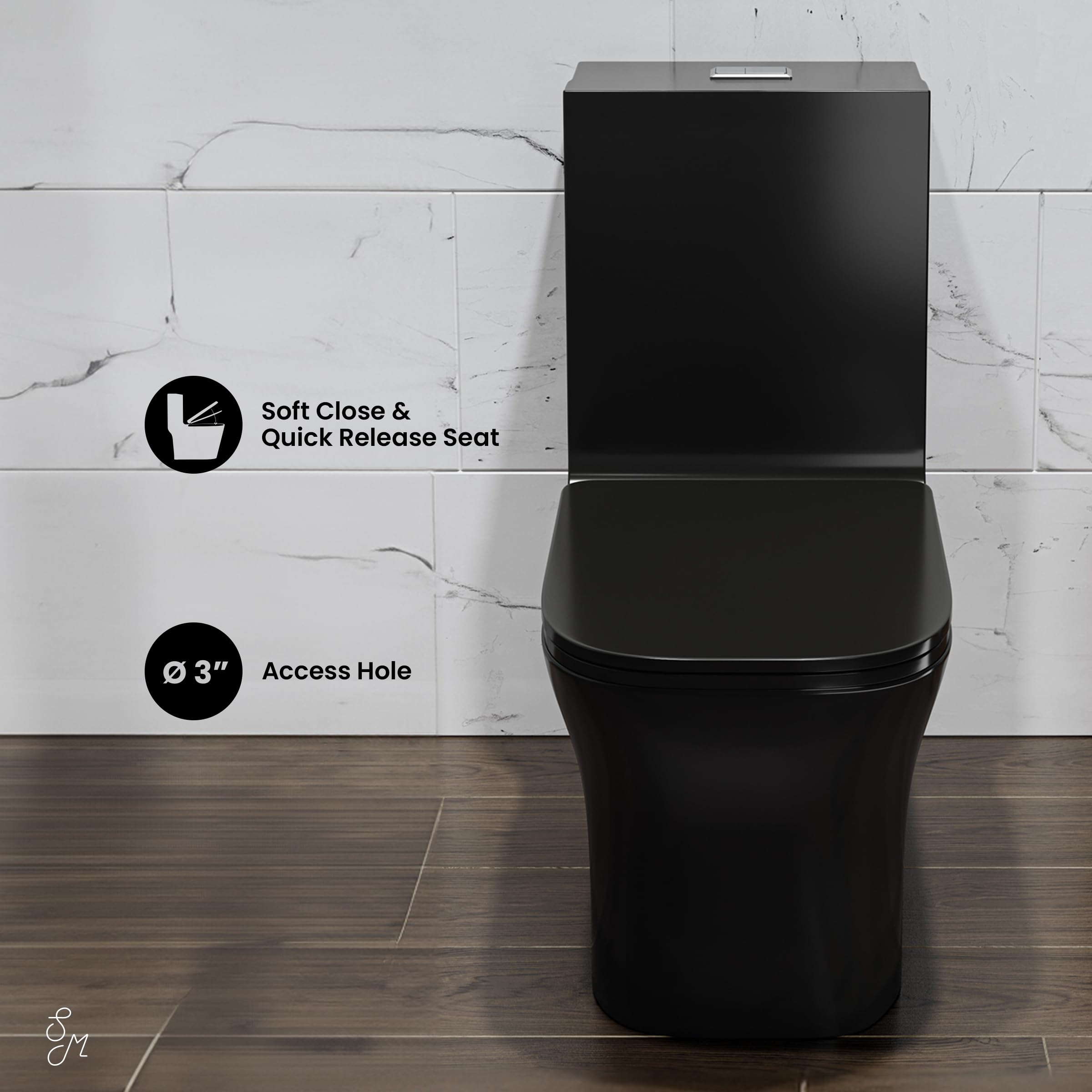 Concorde One Piece Square Toilet with Dual Flush 1.1/1.6 GPF - Glossy Black Modern Water-Saving Bathroom Fixture for Home & Commercial Use