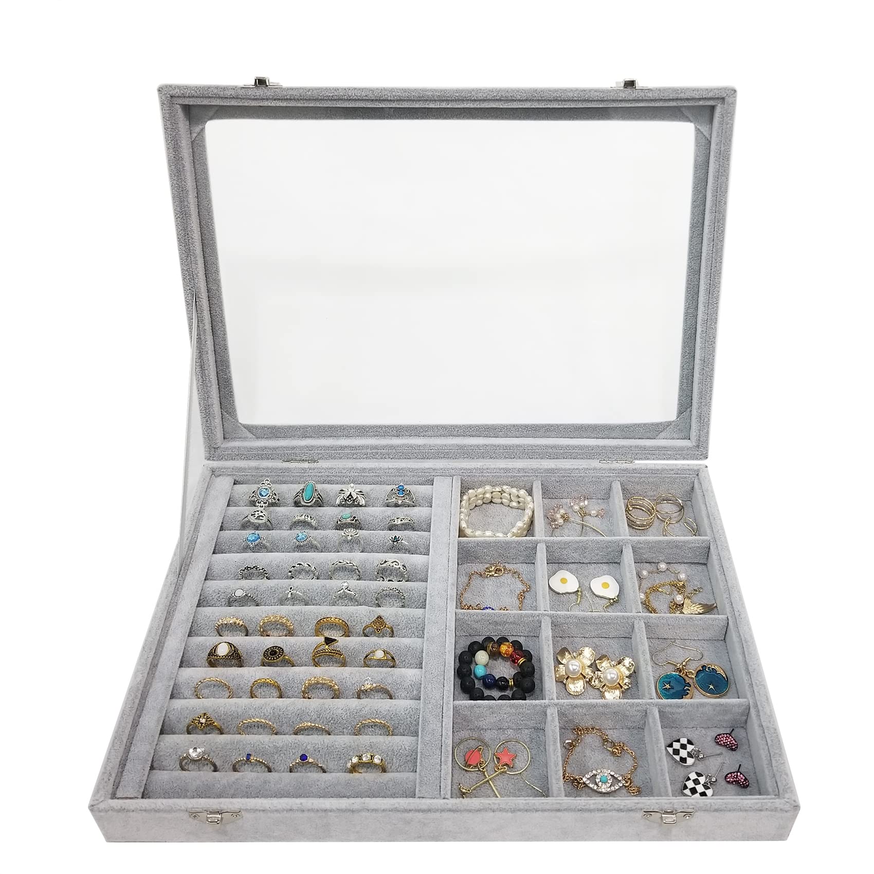 12 Grid Ice Velvet Jewelry Organizer Box with Clear Locking Lid - Ring Tray Display Case for Earrings, Necklaces & Bracelets - Perfect for Travel, Home Storage & Retail Showcase (Grey)