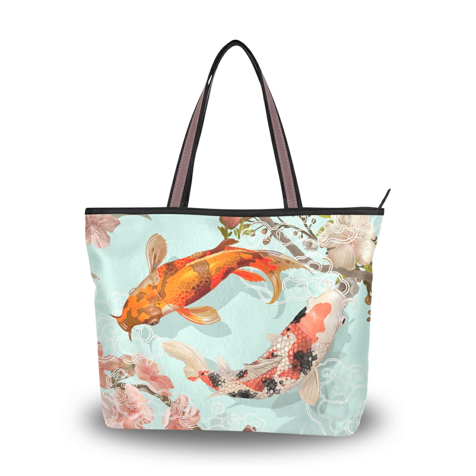 Japanese Koi Fish Tote Bag - Large Capacity Zipper Grocery Bag for Women, Stylish Eco-Friendly Reusable Shopping Purse (2 Sizes) - Perfect for Daily Use, Beach Trips, and Farmers Market Shopping