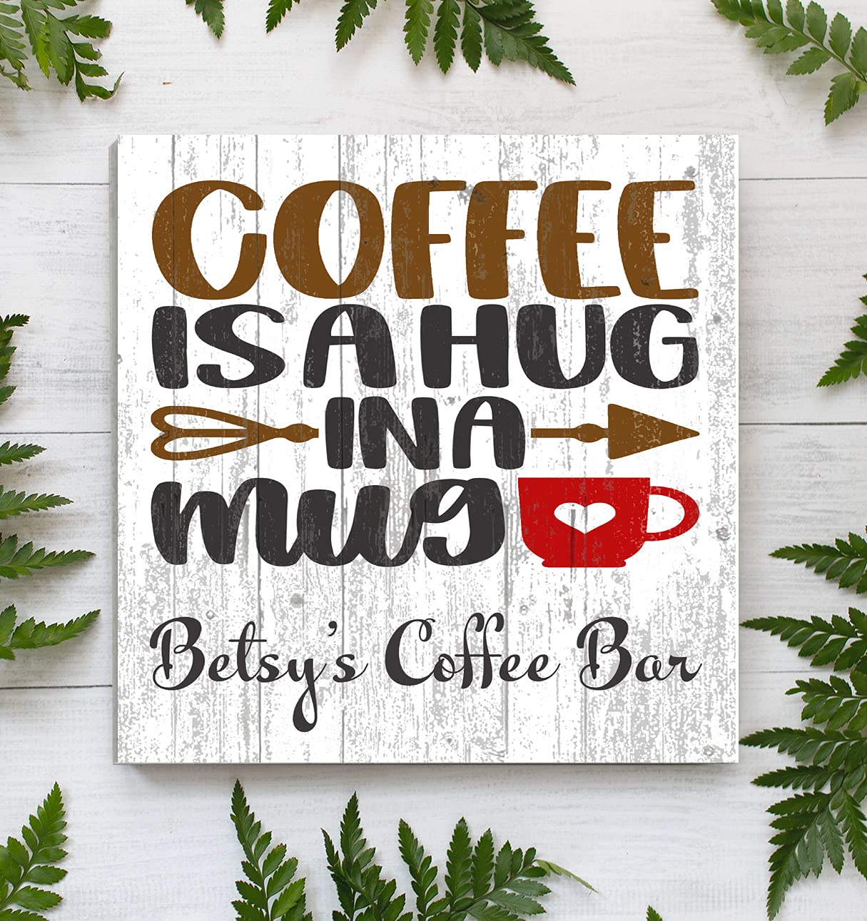 Personalized Coffee Bar Sign - Custom Wood Wall Decor for Kitchen, Coffee Bar, Home & Office - 10.5x10.5in Solid Wood - 'Coffee Is A Hug In A Mug' - Perfect for Coffee Lovers & Home Décor