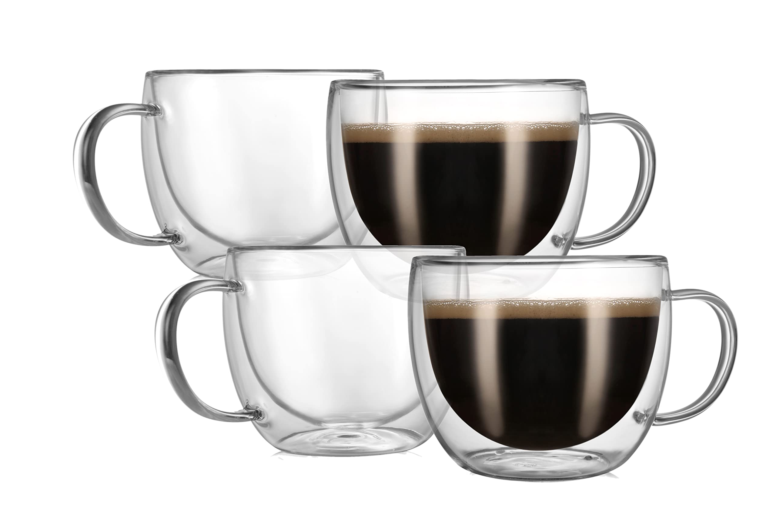 CNGLASS 8oz Double Wall Insulated Glass Coffee Mugs - Clear Espresso Cups with Handle for Hot & Cold Drinks, Perfect for Latte, Cappuccino, Tea - Set of 4 (Ideal for Home, Office & Cafe Use)
