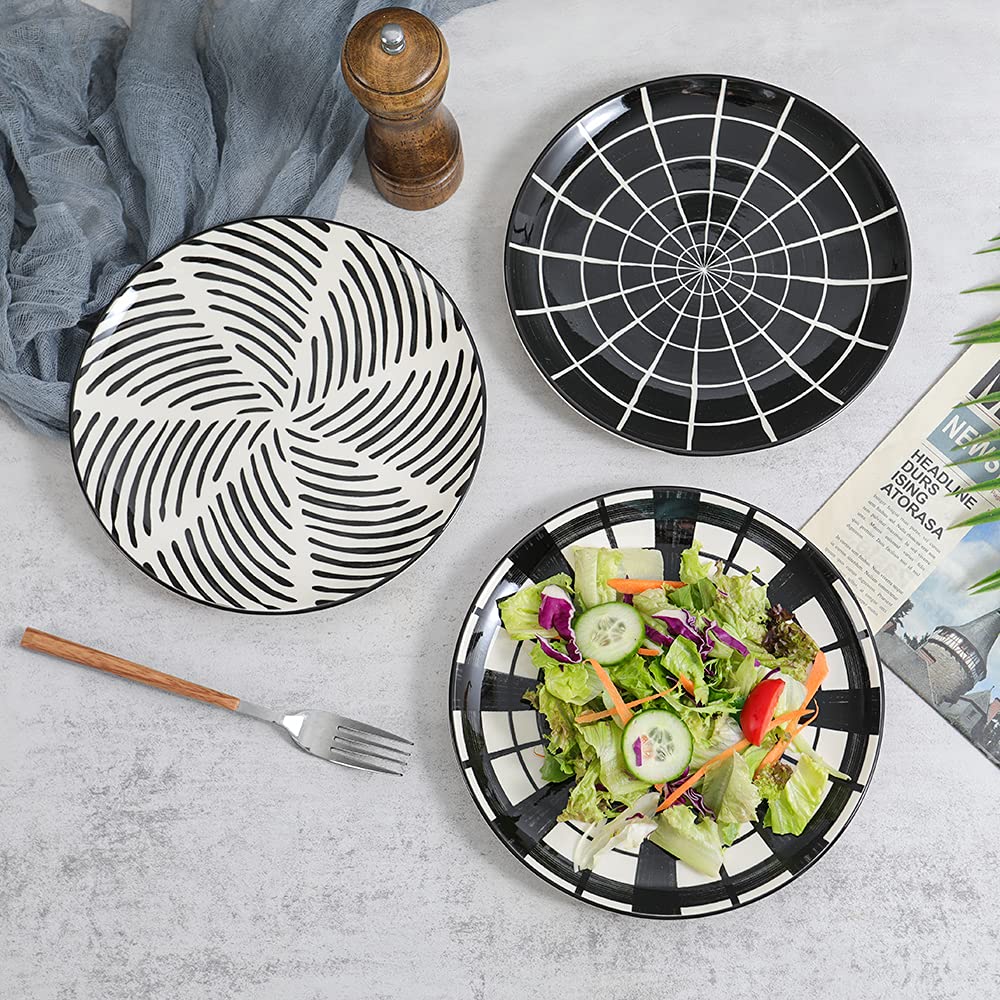 AHX 8 Inch Ceramic Dessert Plates - Set of 6 Modern Japanese Style Salad & Appetizer Plates - Dishwasher & Microwave Safe Black White Dinnerware - Perfect for Parties, Tea Time & Home Decor
