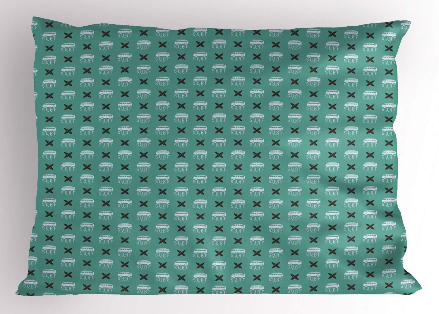 Ambesonne Marine Life Pillow Sham - Vintage Camper Vans & Surfboards Minimalist Retro Print, Decorative Standard Size 26x20 Inch Pillowcase in Pale Teal & Coconut - Perfect for Beach House Decor, Coastal Bedroom, or Boho Living Room Accent