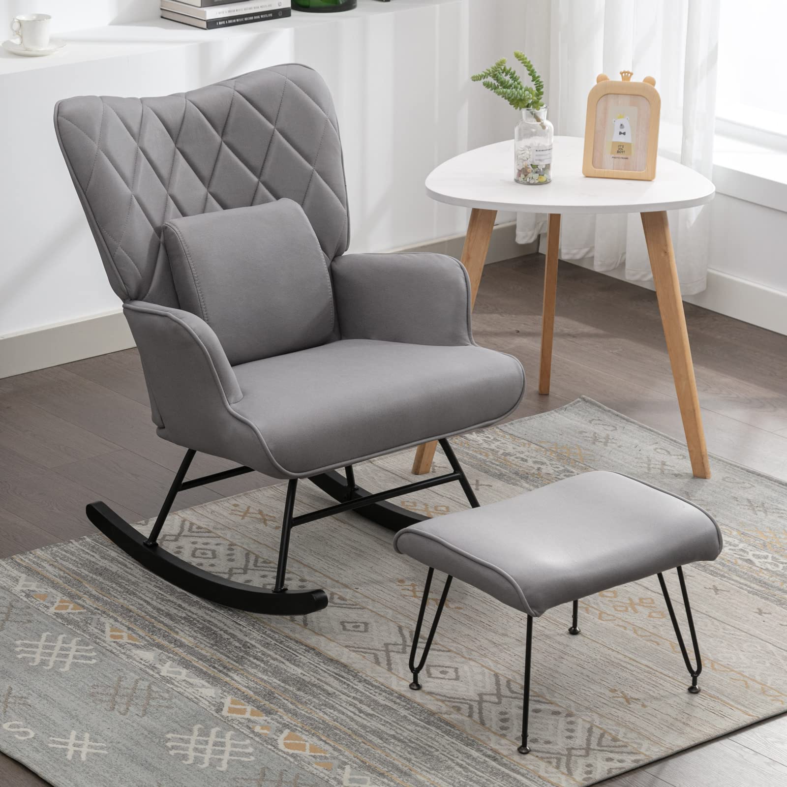 Modern Rocking Chair with Lumbar Support & Ottoman - Nursery Glider Chair for Baby Room, Living Room or Bedroom - Soft Gray Fabric - Perfect for Nursing, Relaxing & Reading
