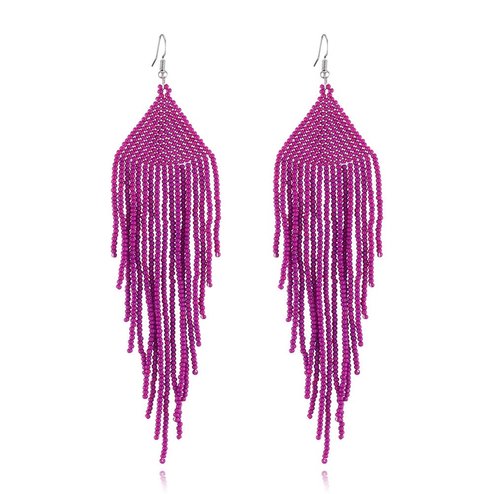 Handmade Long Beaded Tassel Earrings for Women - Boho Drop Fringe Dangle Earrings with Native Seed Beads | Perfect for Festivals, Parties, and Boho Chic Outfits