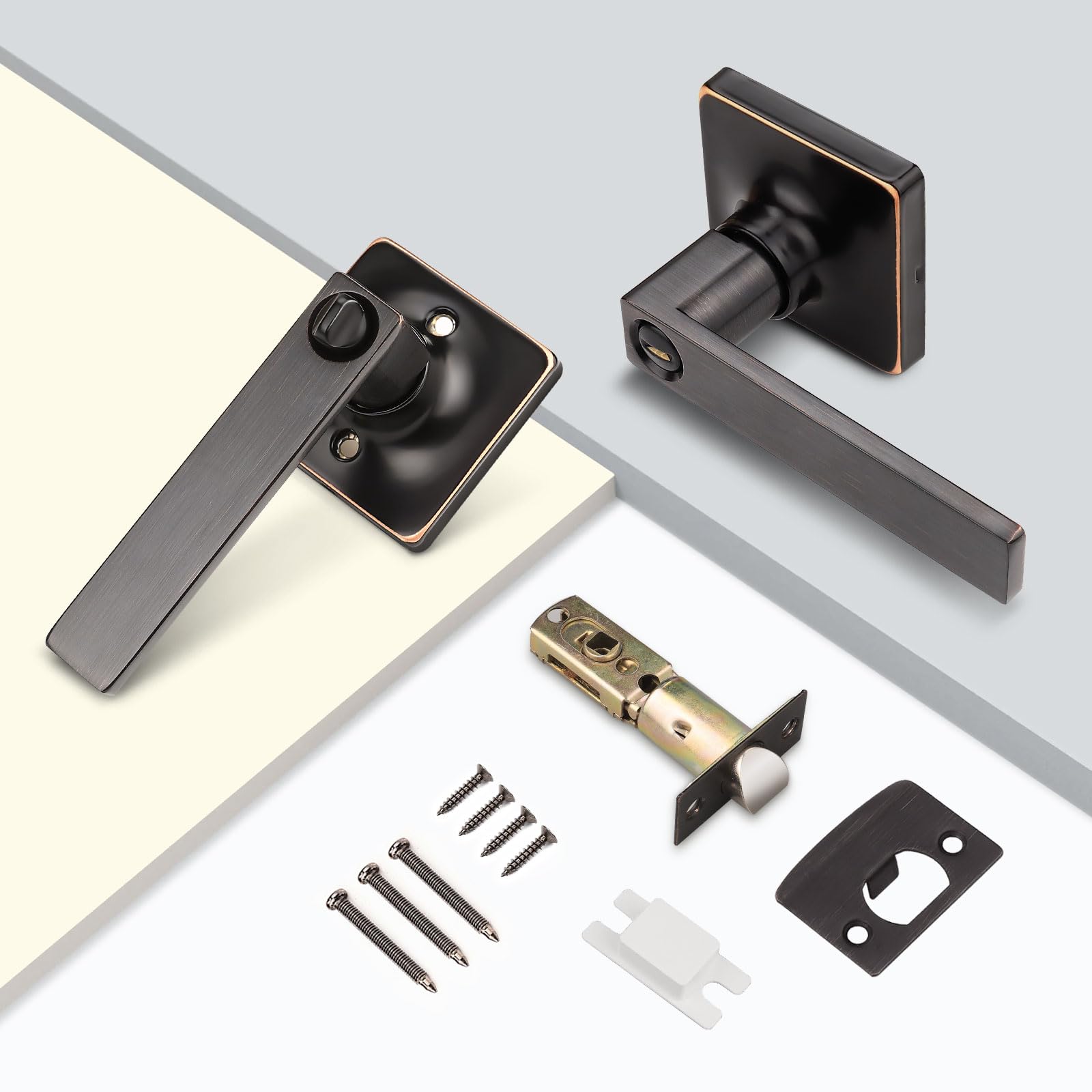 GOBEKOR 2 Pack Oil Rubbed Bronze Privacy Door Lever Handles with Lock - Modern Straight Keyless Entry for Bedroom, Bathroom & Interior Doors - Secure & Stylish Home Upgrade