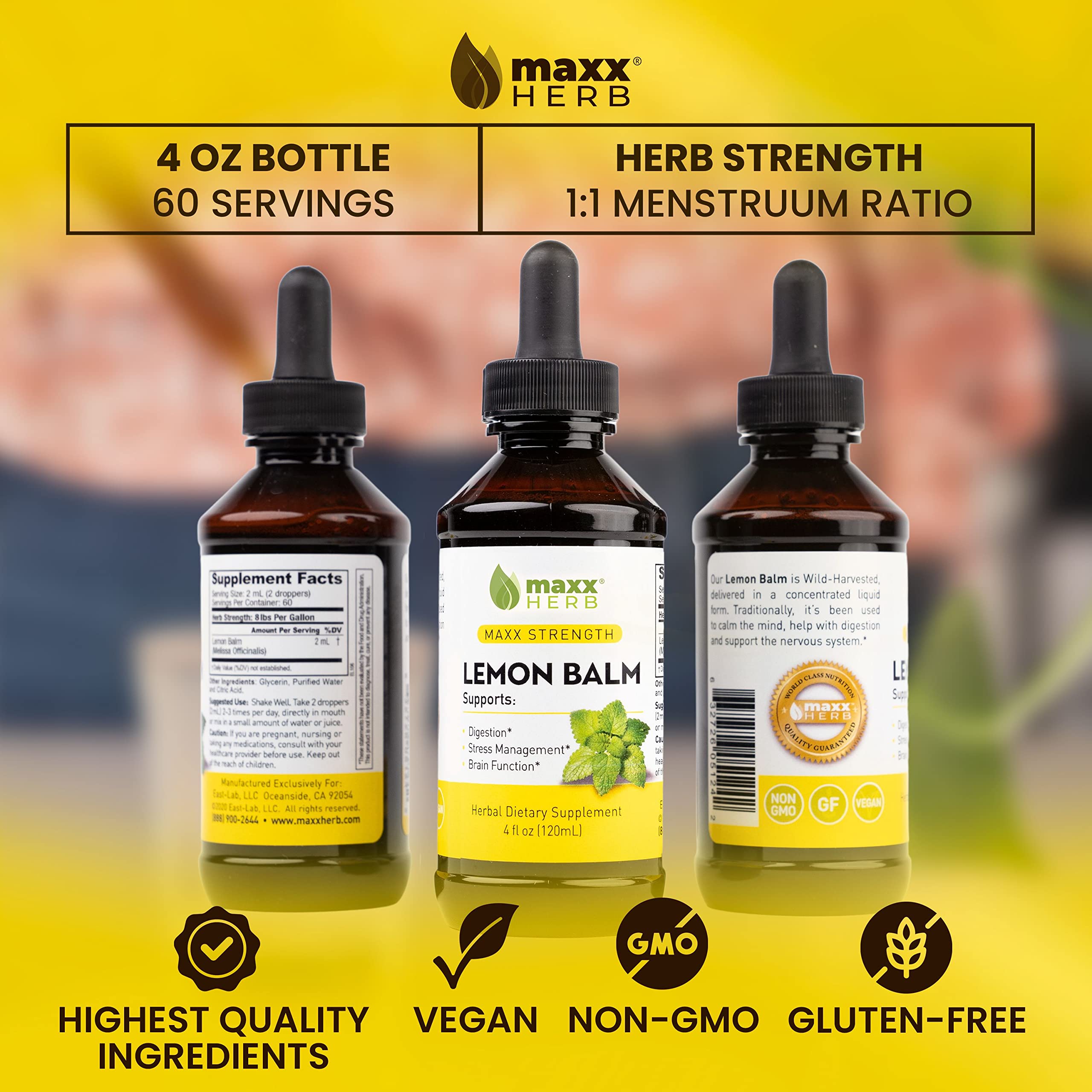 Maxx Herb Lemon Balm Extract - Maximum Strength Lemon Balm Tincture for Nervous System Support & Stress Relief - Fast Absorption Formula (Better Than Capsules) - 4 Bottles x 4oz (240 Servings) - Perfect for Daily Relaxation, Anxiety Relief & Natural Sleep Aid