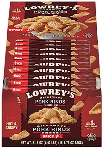 Lowrey's Bacon Curls Microwave Pork Rinds (Chicharrones) - Hot & Spicy Flavor, 1.75oz (Pack of 18) | Keto-Friendly, Gluten-Free, Low-Carb Snack | Crunchy Airy Pork Rind Chips for Keto Diet & Healthy Lifestyle | Perfect for Parties, Game Day, Movie Night, Office Snacks & Travel