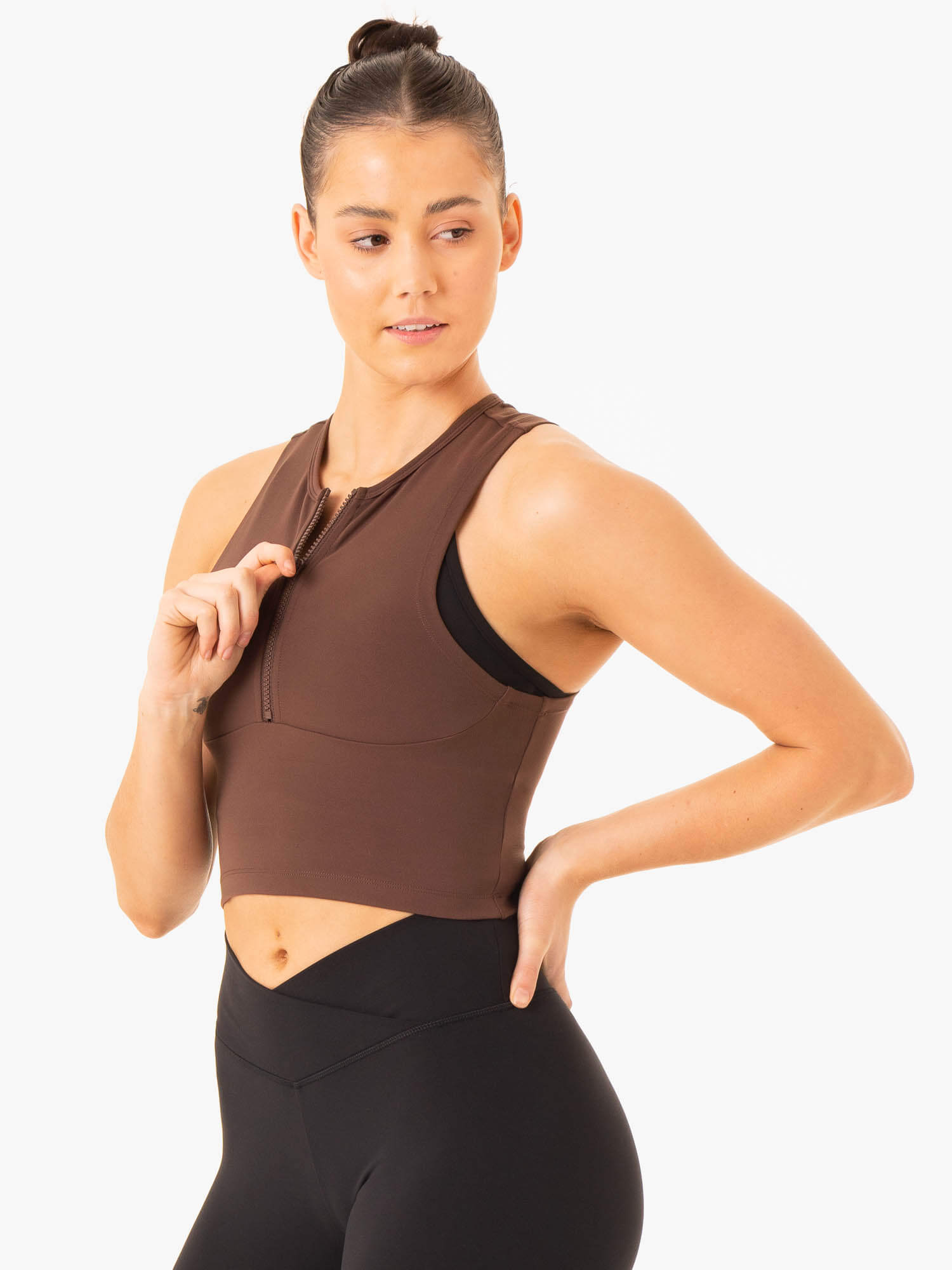 Embody Zip Up Crop Hoodie - Women's Chocolate Brown Pullover Sweatshirt for Casual Wear & Street Style