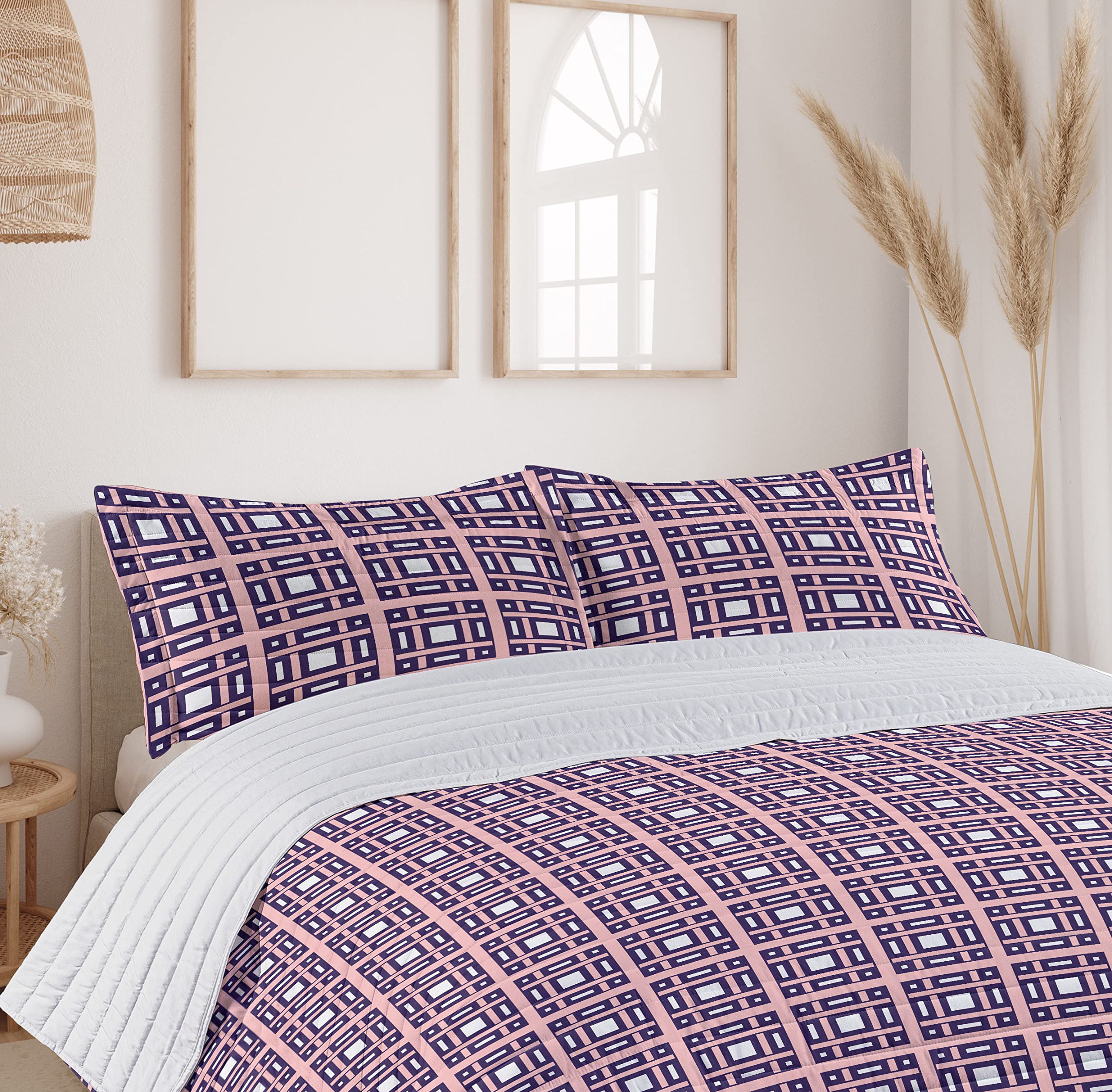 Ambesonne Geometric Microfiber Bedspread Set - King Size Dark Purple & White Symmetrical Square Rectangle Pattern with Pillow Shams & Comforter | Ultra Soft Bedding for Modern Bedroom Decor