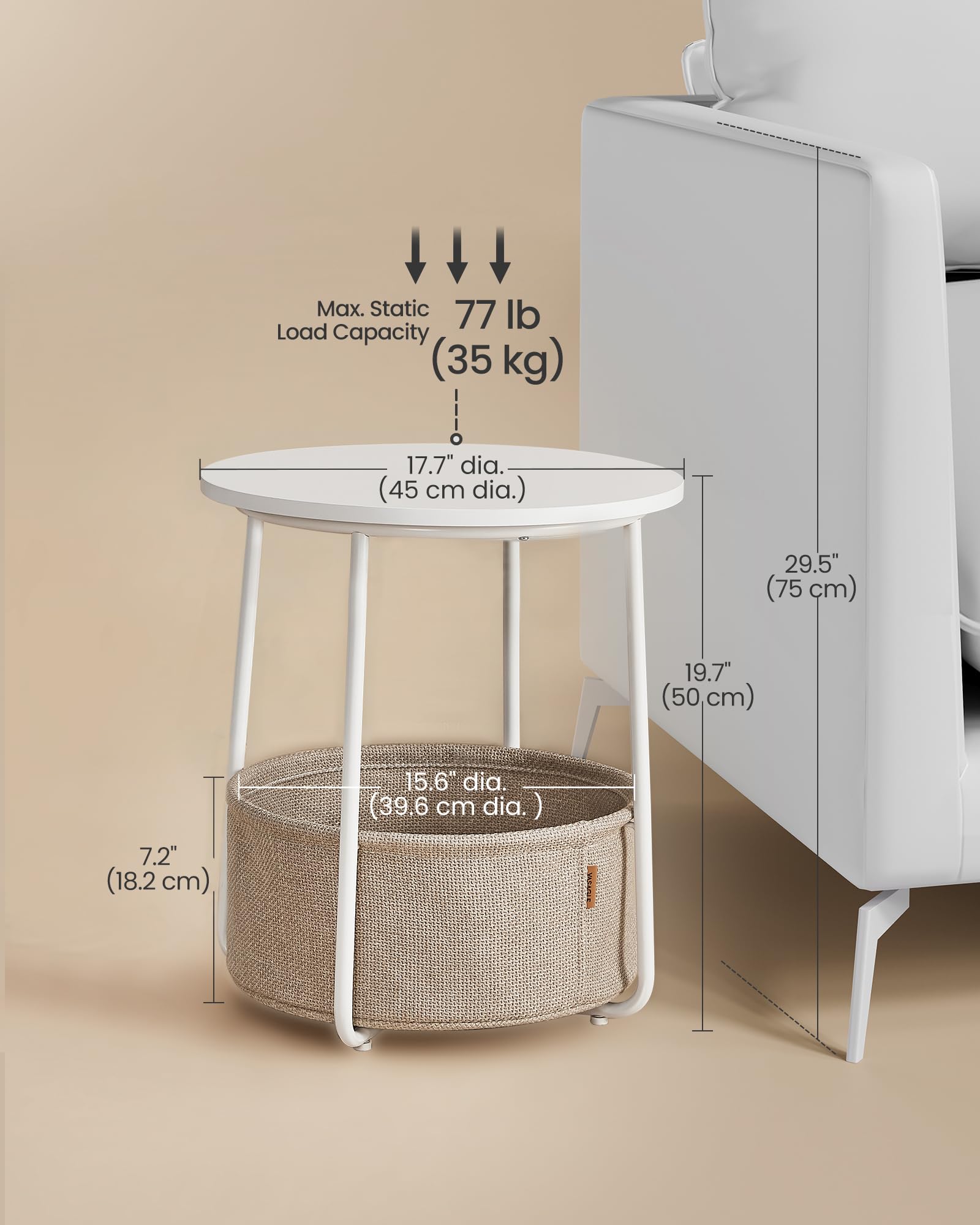 VASAGLE Round Side Table with Fabric Basket - Modern End Table for Living Room, Bedroom, or Nightstand - White and Beige LET223W10 - Perfect for Small Spaces, Home Decor, and Extra Storage