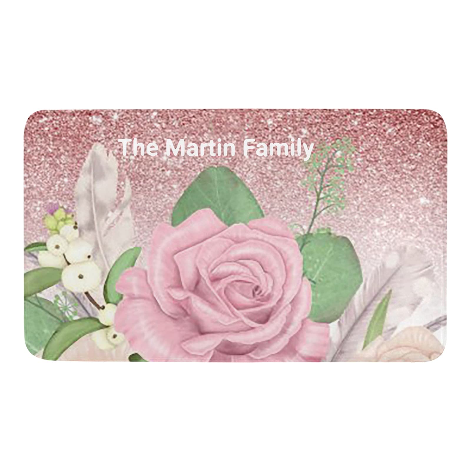Personalized Rose Gold Glitter Floral Doormat - Custom Name Text Indoor/Outdoor Pet-Friendly Entrance Rug - 23.6