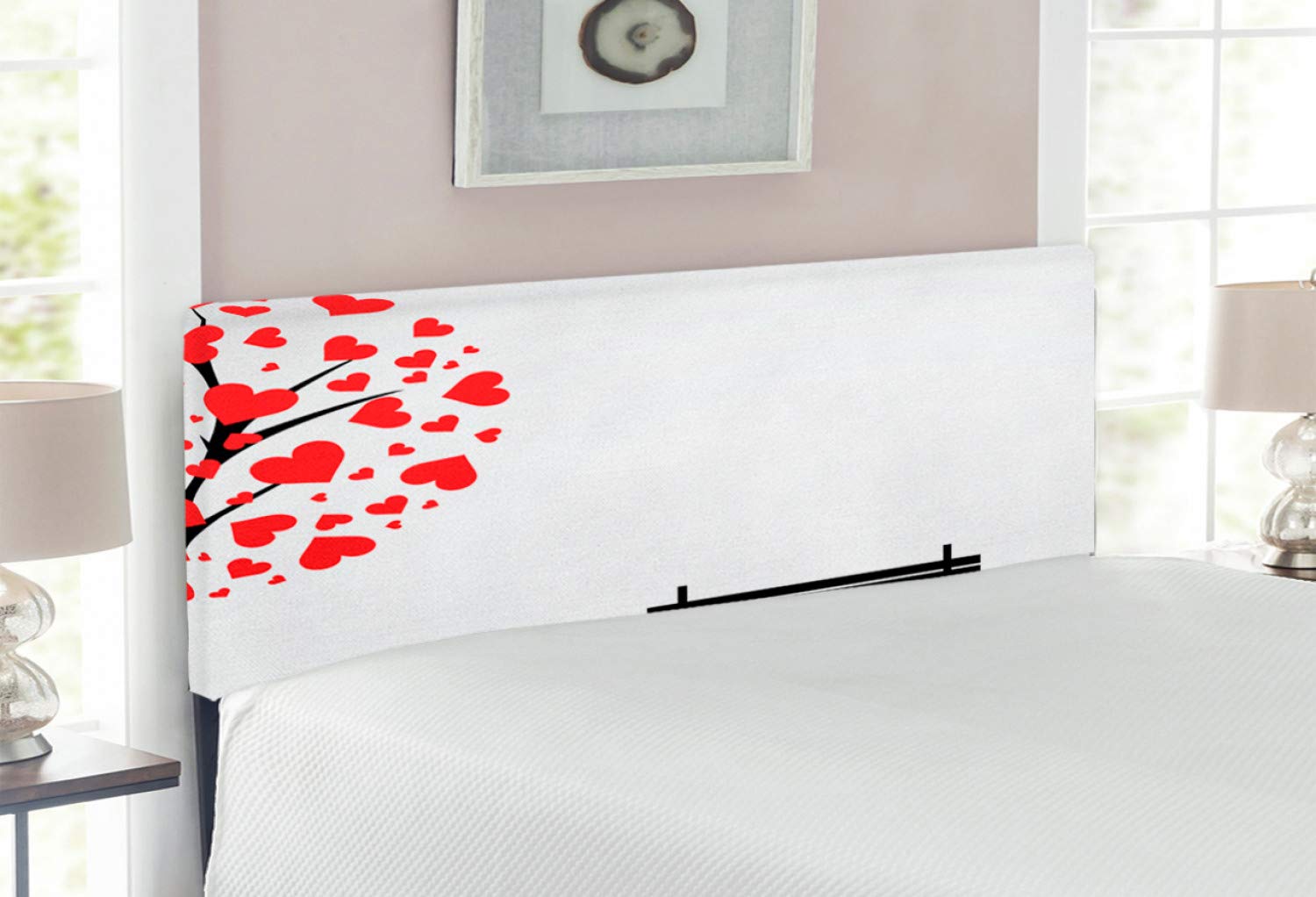 Ambesonne Romantic Tree Headboard with Heart-Shaped Leaves & Bench - Upholstered Metal Bed Frame with Memory Foam - Full Size Red & Black - Perfect for Valentine's Day, Bedroom Decor & Cozy Reading Nook