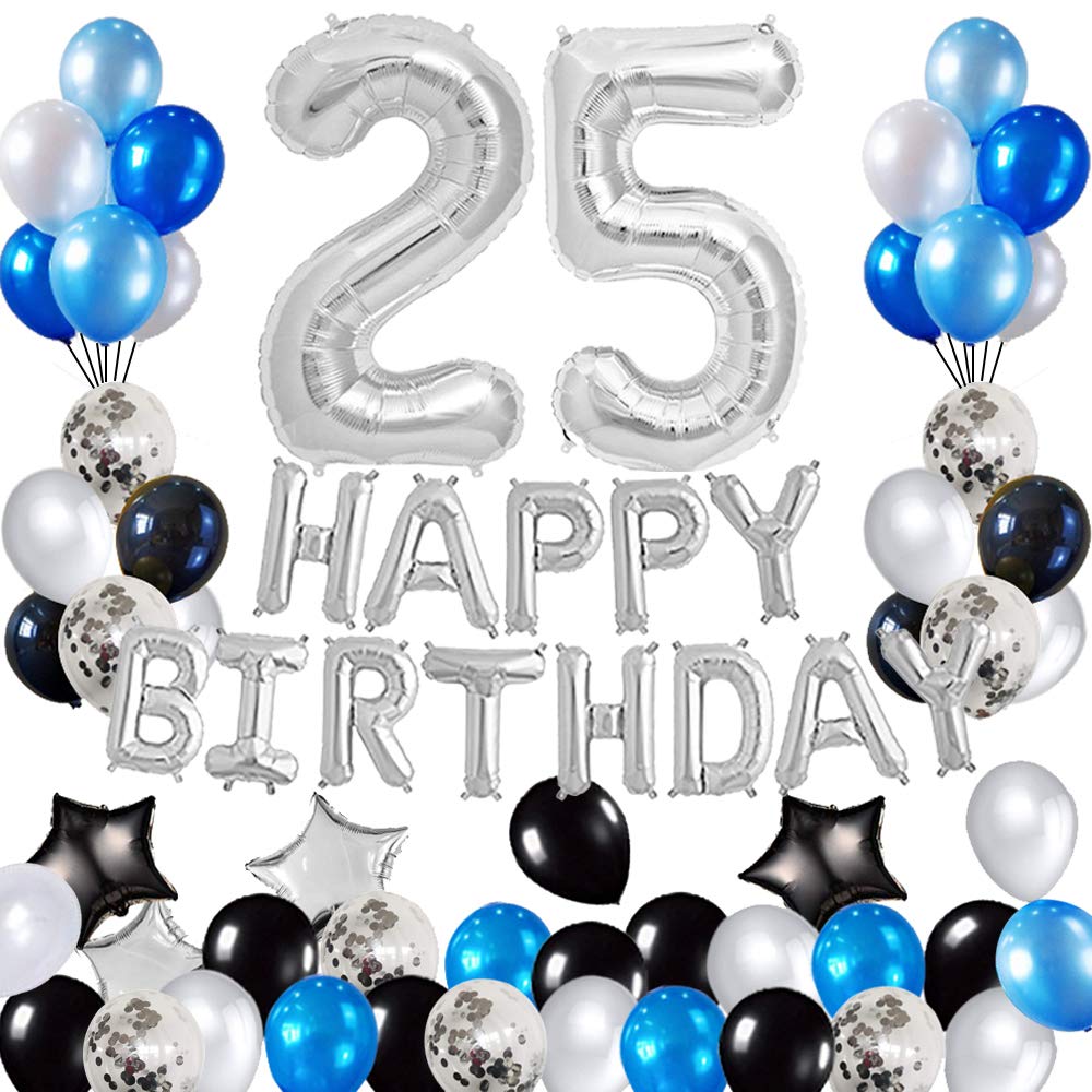 25th Birthday Party Decorations Set - Happy Birthday Foil Banner, Number 25 & Star Balloons, 47pcs Silver & Blue Latex Balloons for Anniversary Celebration, Milestone Party Decor