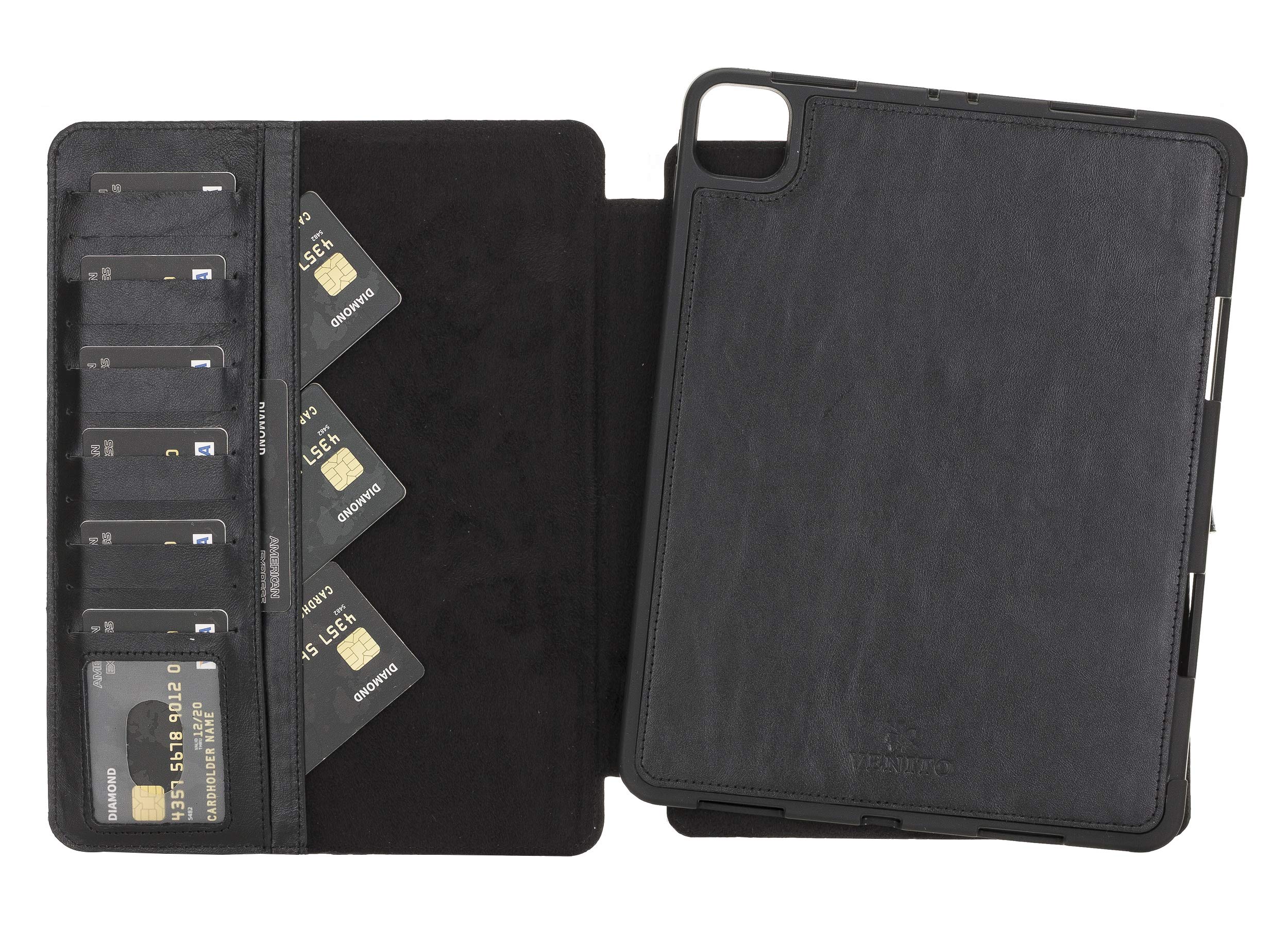Venito Parma Genuine Leather iPad Pro 11 Case (2020 & 2021 Models) - Handmade Folio Stand Cover with Card Slots & Auto Sleep/Wake - Perfect for Work, Travel & Home Office (Rustic Black)