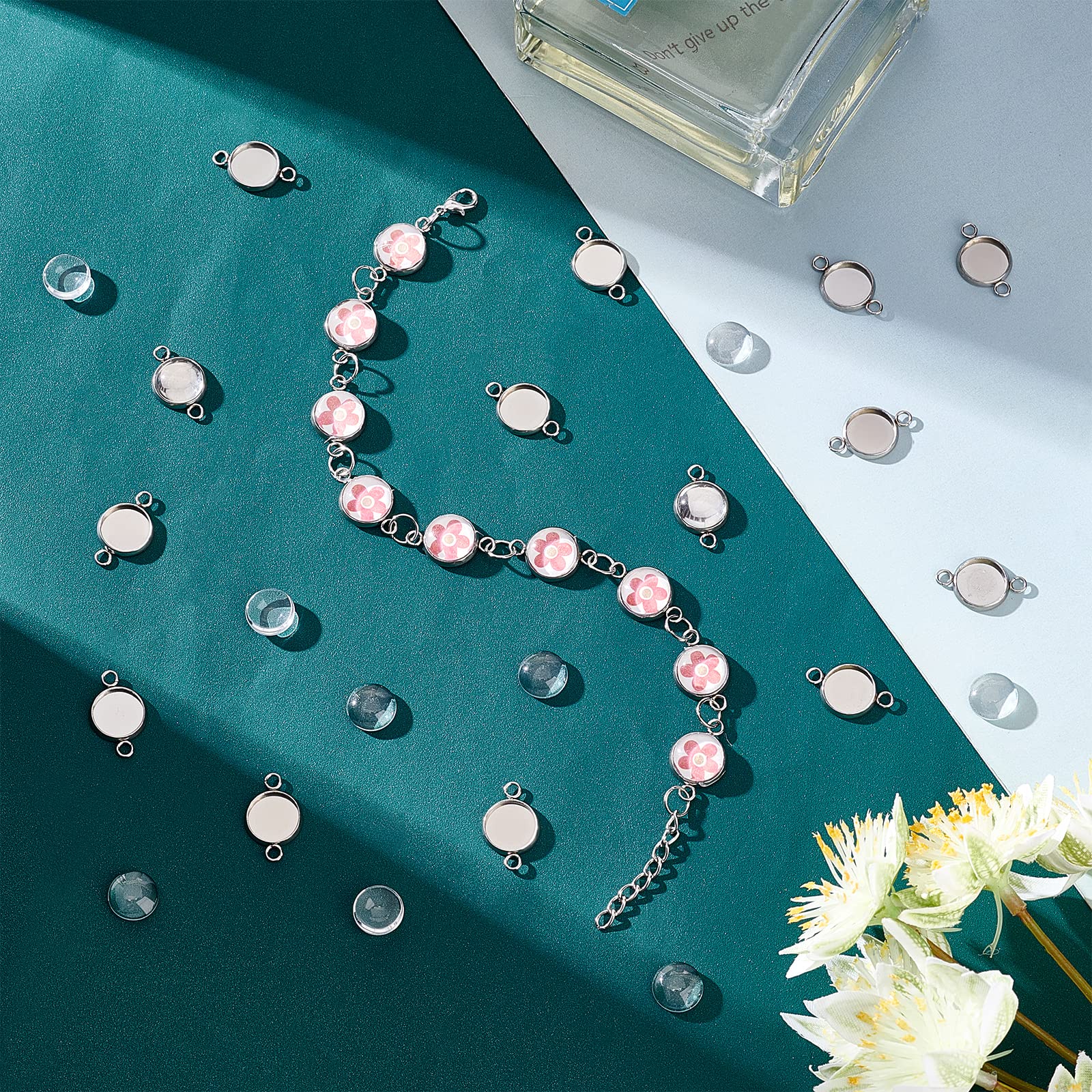100pcs 12mm Stainless Steel Round Connectors with Clear Glass Cabochons - Jewelry Making Bezel Pendant Trays & Charm Links (19.5x14x2mm, 2mm Hole) - DIY Necklace, Bracelet & Earring Components - Perfect for Handmade Jewelry Crafting & Gift Making