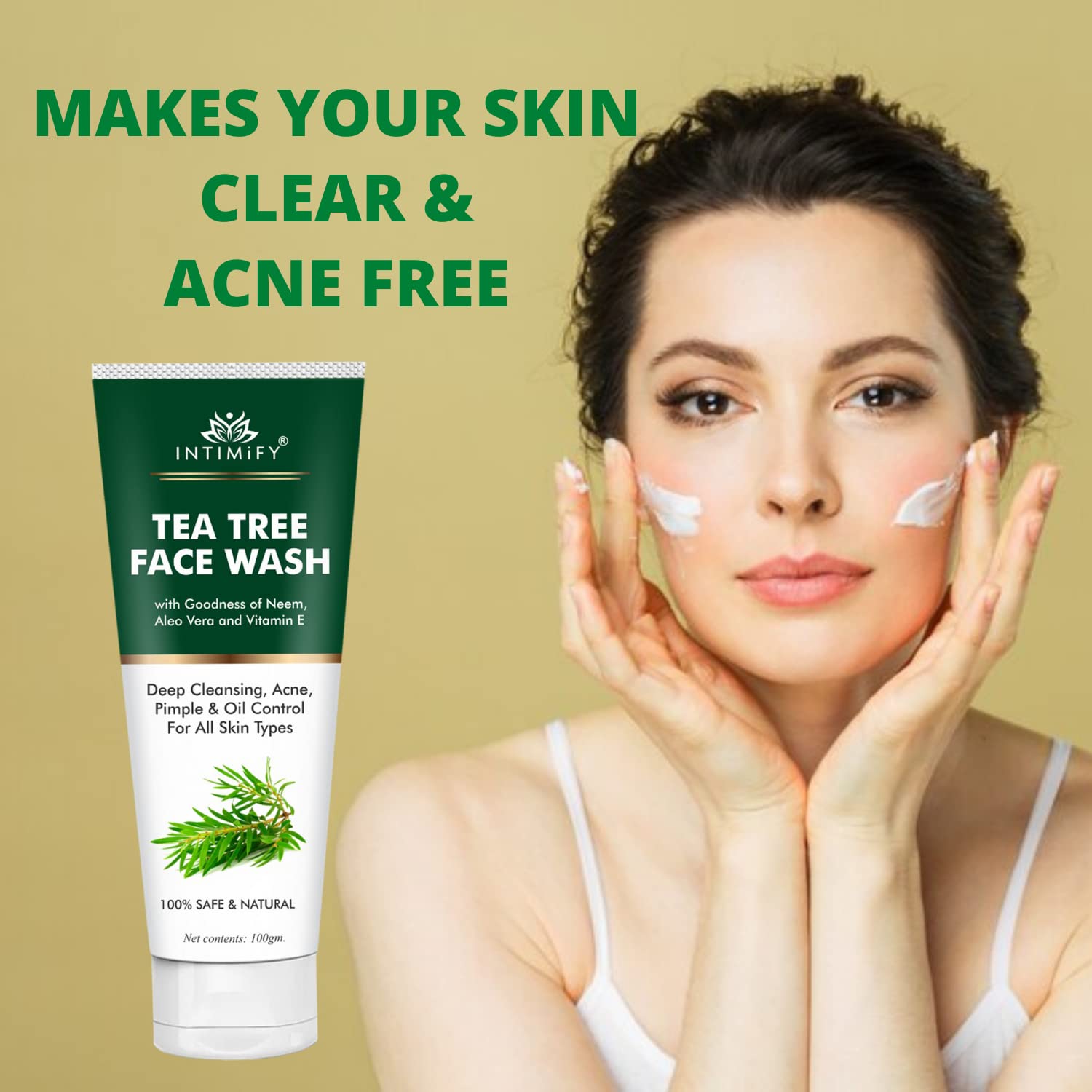 INTIMIFY Tea Tree & Neem Face Wash for Acne-Prone & Oily Skin - Brightening & Lightening Formula - 100g (Pack of 1) - Gentle Daily Cleanser for Clear, Glowing Skin at Home or Travel