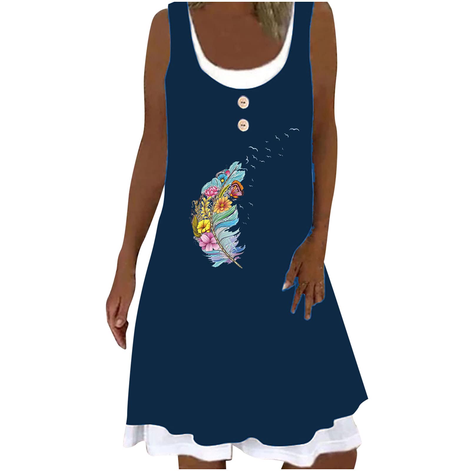 Women's Summer Dresses - Fashion Fake Two Piece Sleeveless Print Midi Dress with O-Neck & Knee Length | Perfect for Beach Vacations, Casual Outings and Summer Parties