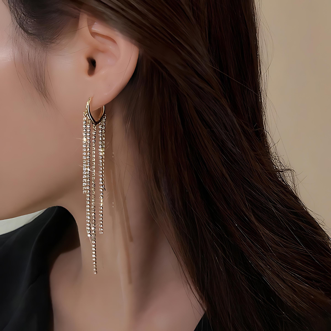 Sparkle Rhinestone Tassel Fringe Hoop Earrings for Women | Elegant Dangle Drop Earrings for Party, Wedding & Evening Out | R5354