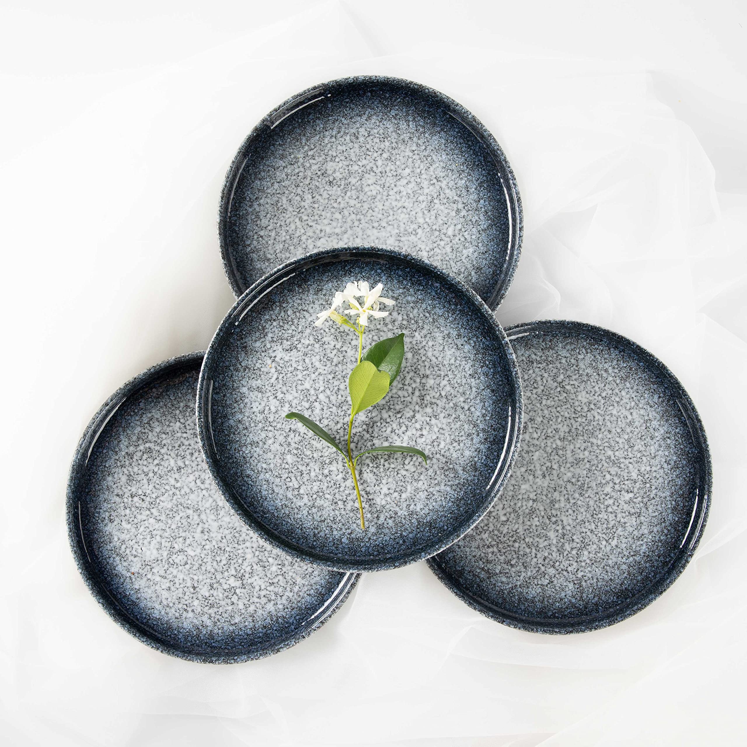 S&Q's Ceramic Flat Dessert Salad Plates - 8 Inch Set of 6, Microwave & Dishwasher Safe, Scratch Resistant Dark Blue Plates for Appetizers, Small Dinners, Parties & Home Decor