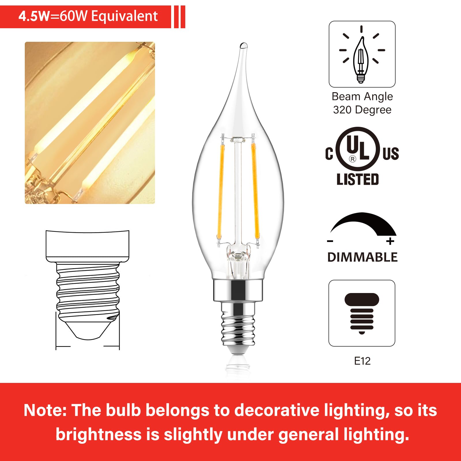 E12 Candelabra LED Light Bulbs 60W Equivalent - Dimmable CA10 Flame Tip Candle Bulbs 2700K Soft White - Clear Glass E12 LED Bulbs for Chandeliers, Ceiling Fans, Pendants (24 Pack) - Perfect for Dining Rooms, Bedrooms & Vintage Lighting Fixtures