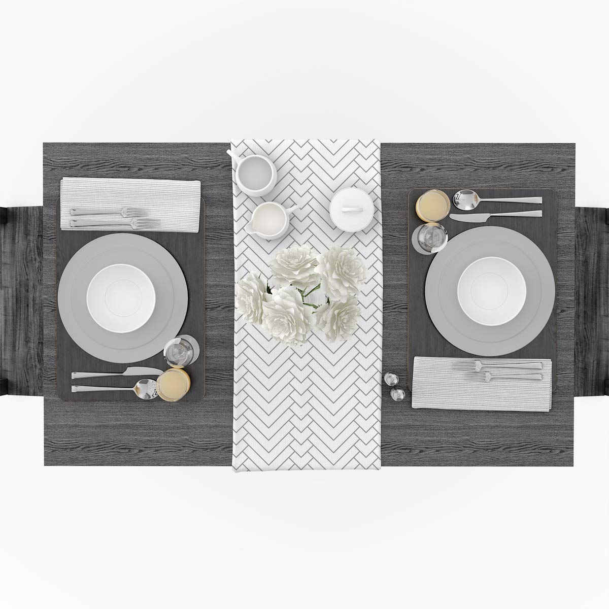 White Striped Cotton Linen Table Runner - Non-Slip Chevron Burlap Rectangle Kitchen Tablecloth (14x72 Inch) for Holiday Dinner Parties, Wedding Decor & Home Dining - Perfect for Farmhouse, Rustic and Boho Style Tablescapes