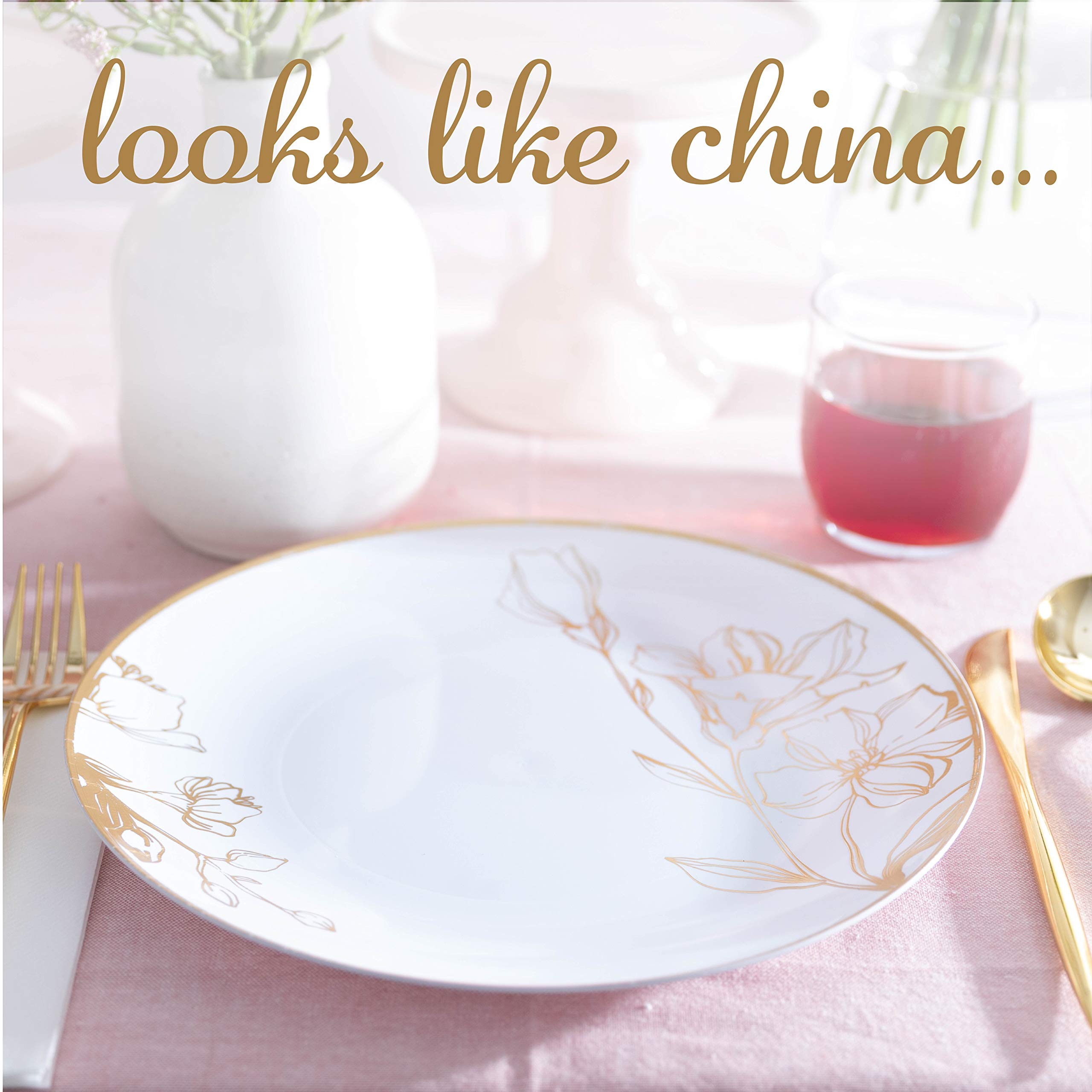 Elegant White Plastic Floral Design Party Plates with Gold Rim - Premium Heavyweight Disposable Tableware (10 Inch, 120 Count) for Weddings, Baby Showers & Special Events