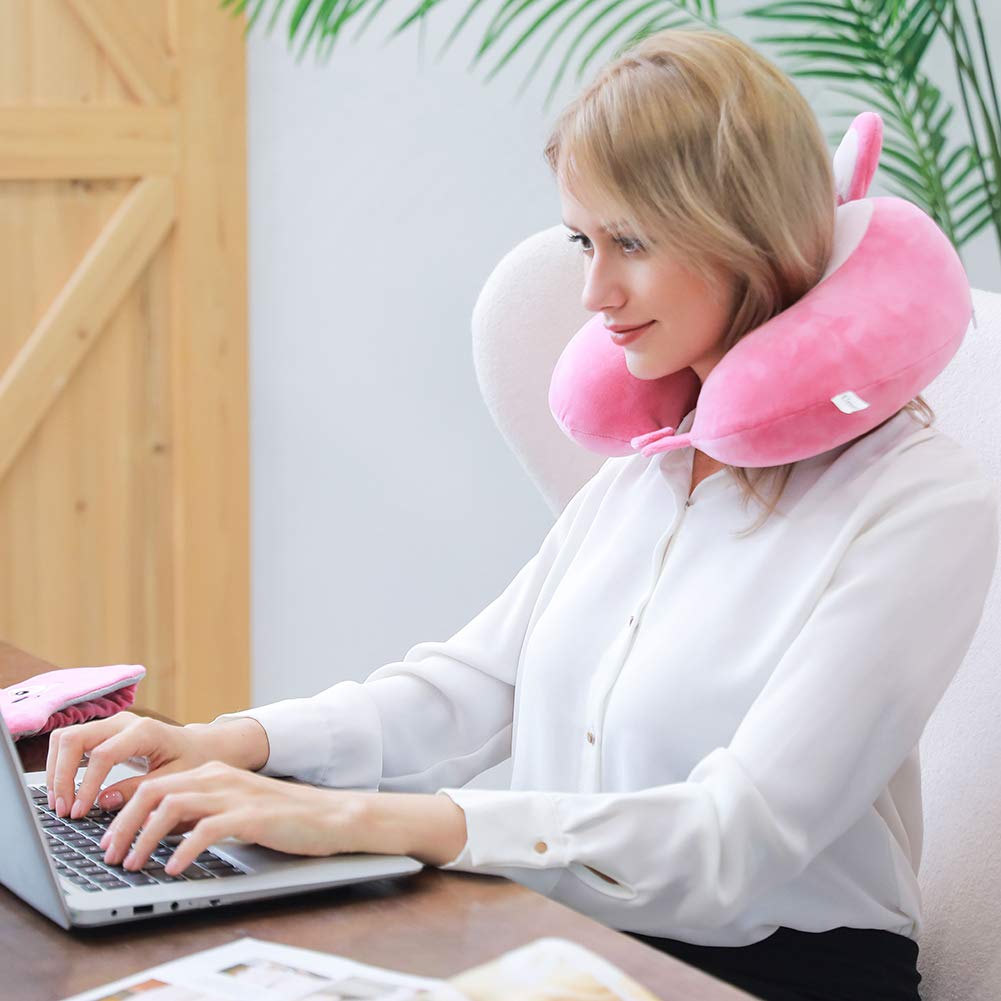 Memory Foam Travel Neck Pillow with 360° Head Support - Comfortable Airplane Sleeping Pillow for Long Flights, Road Trips & Home Use - Includes Storage Bag (Bunny Design) - Perfect for Travelers, Commuters & Office Naps
