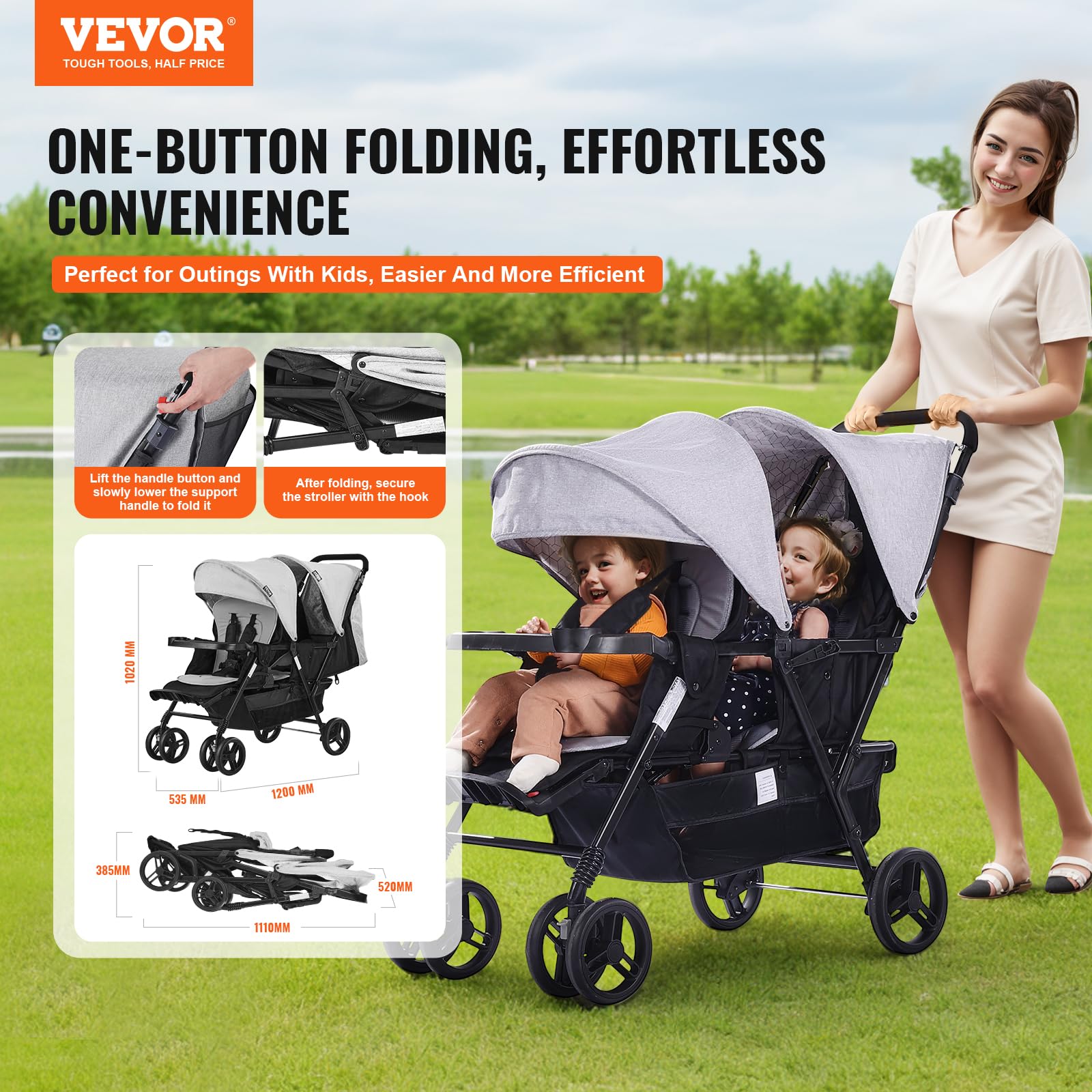 VEVOR Double Stroller for Toddlers, Lightweight Side by Side Baby Stroller with Adjustable Canopy & Storage Basket, Perfect for Twins or Siblings - Ideal for Park Walks, Shopping & Travel