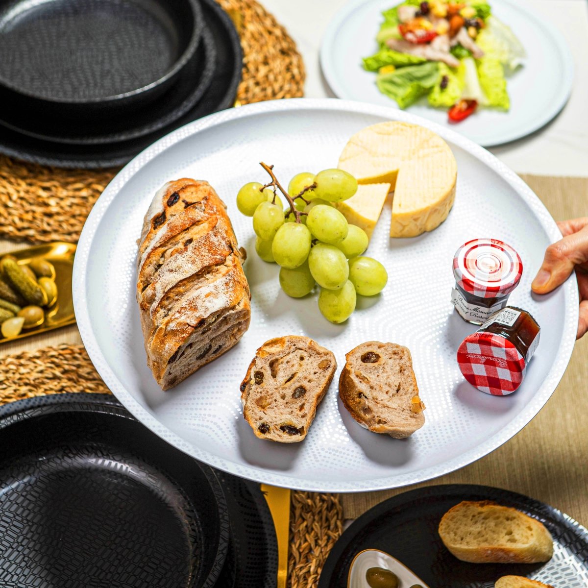 2-Piece Mono Melamine Round Platter Set - Black & White - Durable & Stylish Serving Dishes for Parties, Picnics, and Everyday Use