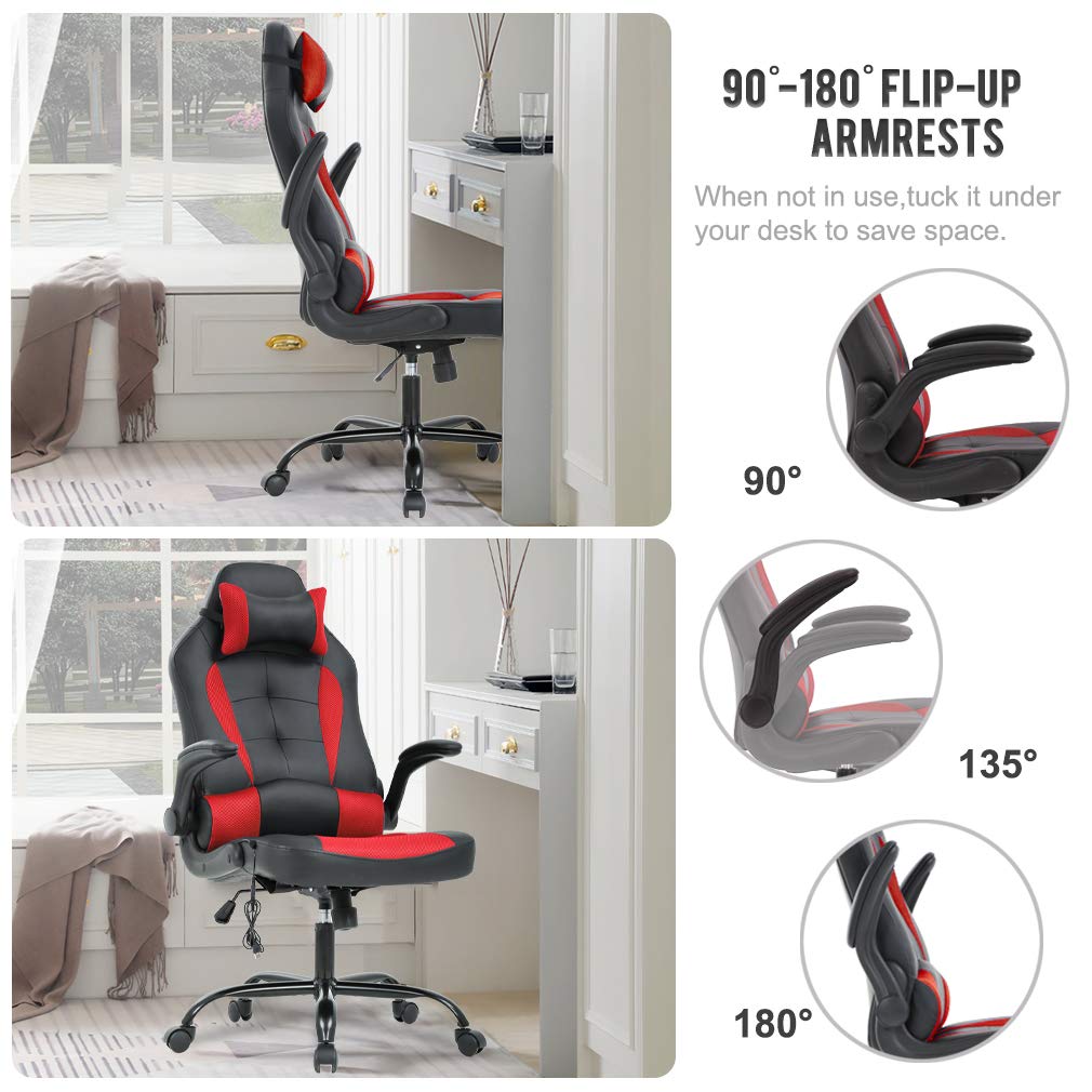 Ergonomic PC Gaming Chair - Racing Style Office Chair with Lumbar Support & Headrest - PU Leather Executive Desk Chair with Massage Function - Adjustable Armrests & Swivel Base - Perfect for Gaming, Home Office & Workstations (Red)