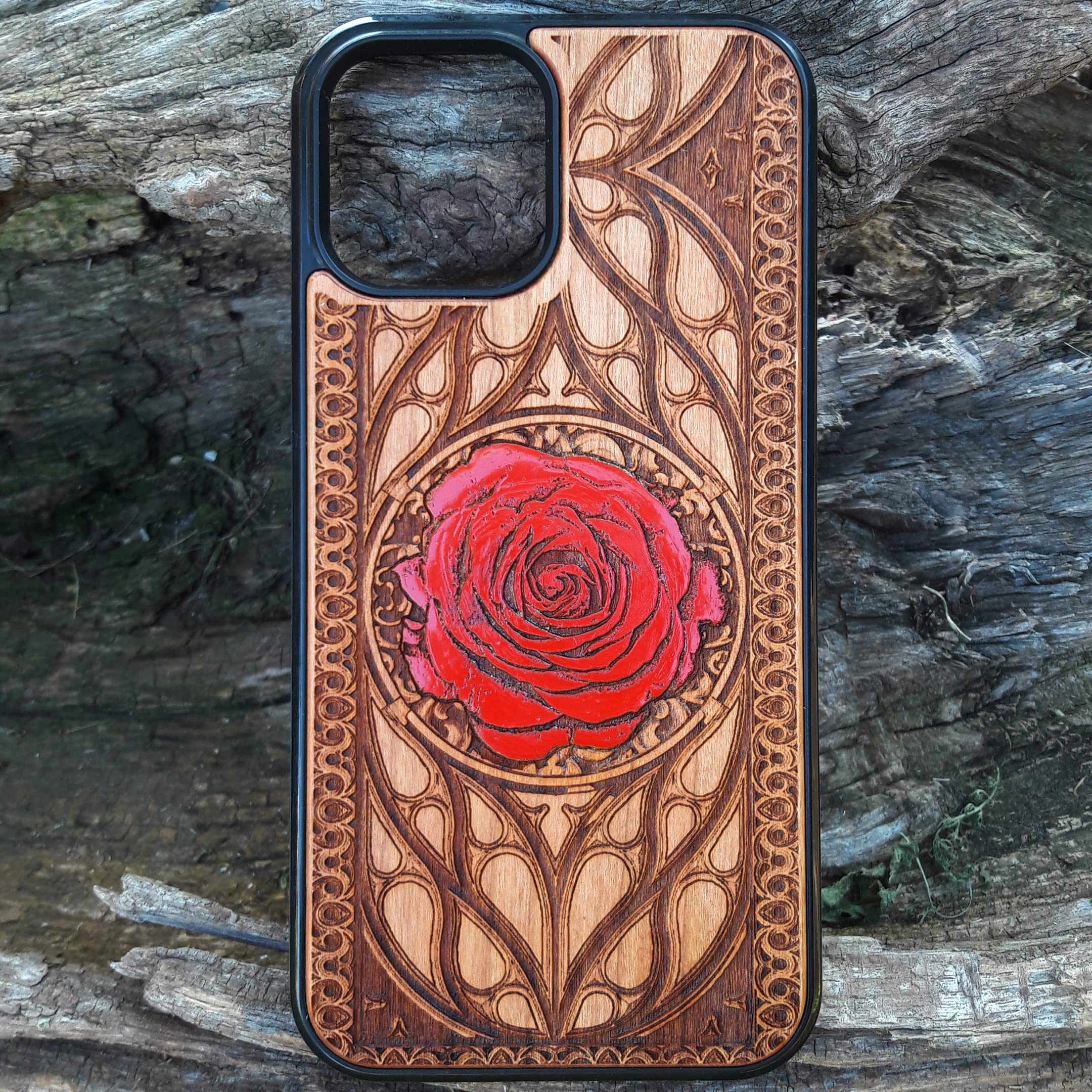 **Eco-Friendly Red Rose Laser Engraved Wood Phone Case – Compatible with iPhone 16, 15, 14, 13, 12, 11 Pro Max/Mini & Galaxy S25, S24, S23, S22, S21, S20 Ultra Plus – Slim, Durable Wooden Cover for Everyday Protection & Style**