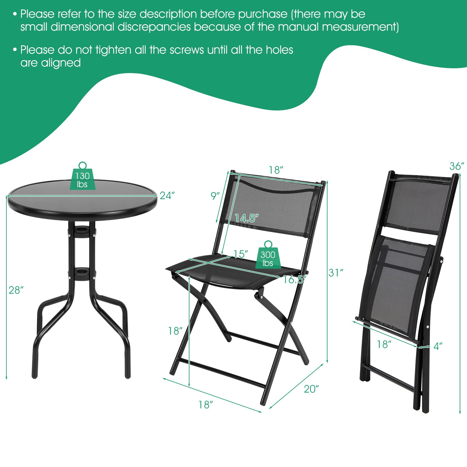 Tangkula 3-Piece Folding Patio Bistro Set - Outdoor Table & Chairs with Tempered Glass Top, Round Dining Set for Garden, Poolside, Backyard & Balcony | Perfect for Small Spaces, BBQs & Outdoor Entertaining