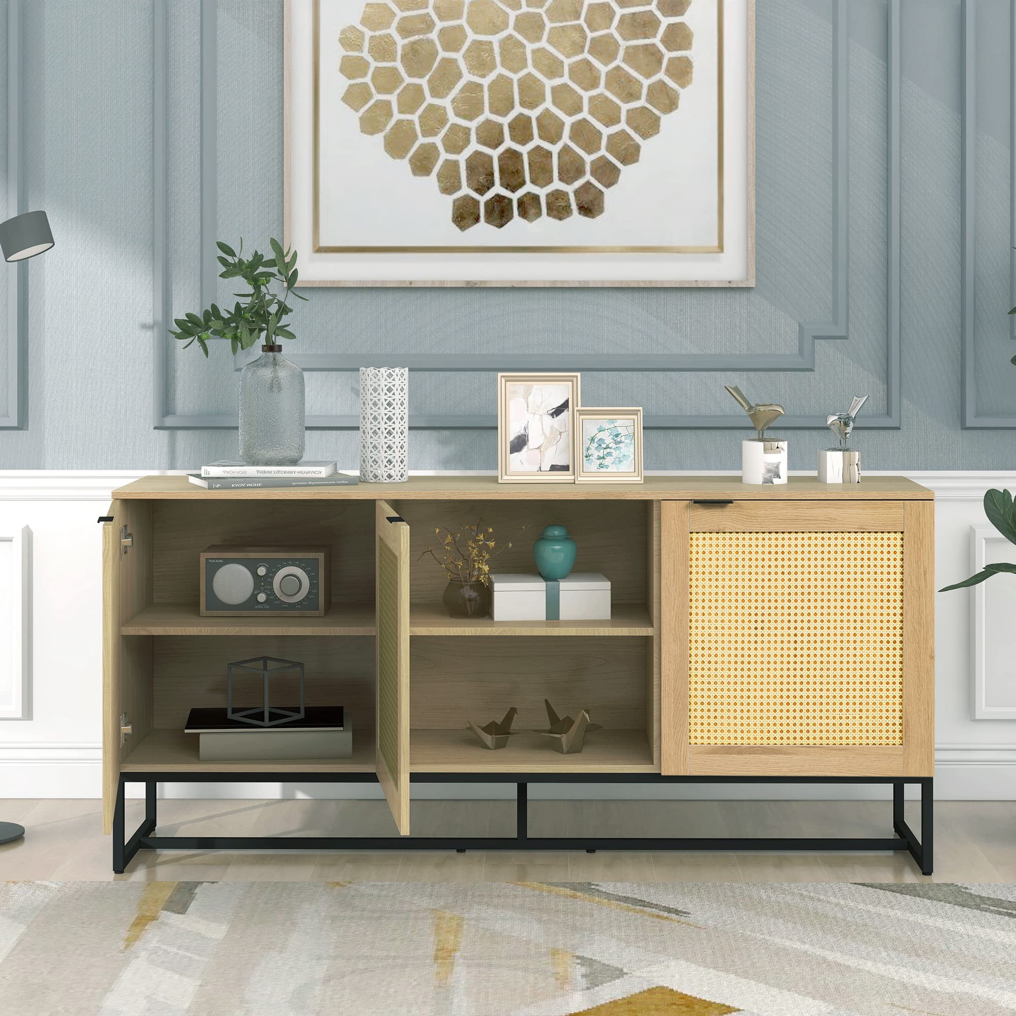 Modern Rattan Buffet Sideboard Cabinet with Natural Rattan Doors - Wood Entryway Console Table & Storage Cabinet for Living Room, Dining Room - Perfect for Home Decor, Storage & Serving (Brown)