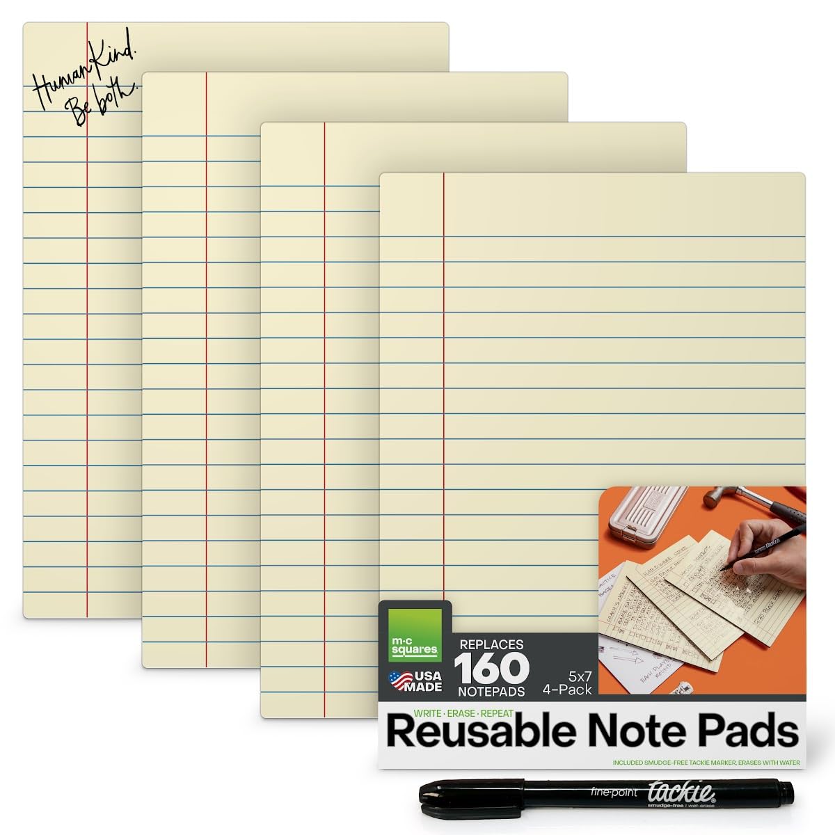 M.C. Squares Reusable Junior Legal Pads | 5x7 Inch 4-Pack Dry Erase Notebook | Lined Canary Yellow Front & Whiteboard Back | Includes Wet-Erase Marker | Perfect for Office, Home, School Notes & Planning | Made in USA
