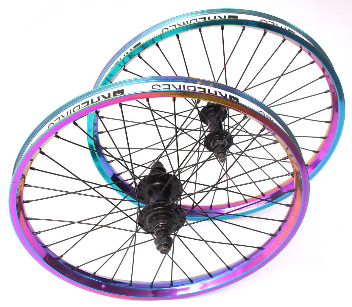 Premium KHE BMX Wheel Set - Oil Slick Aluminium Rim, MVP 36H, 14mm 9T Sprocket with Rim Tape - Perfect for BMX Racing, Street Riding & Freestyle Tricks
