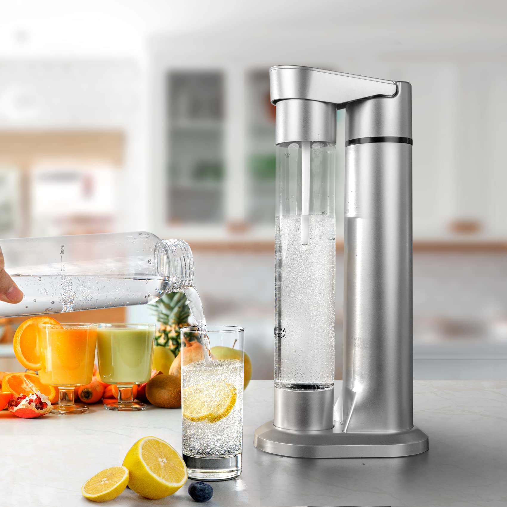 Sparkling Soda Maker with CO2 Cylinder - BPA-Free Home Carbonated Drink Machine for Homemade Sparkling Water, Juice & Coffee | Includes 1LB CO2 & Reusable Bottle (Silver) | Perfect for Parties, Healthy Drinks & DIY Beverages