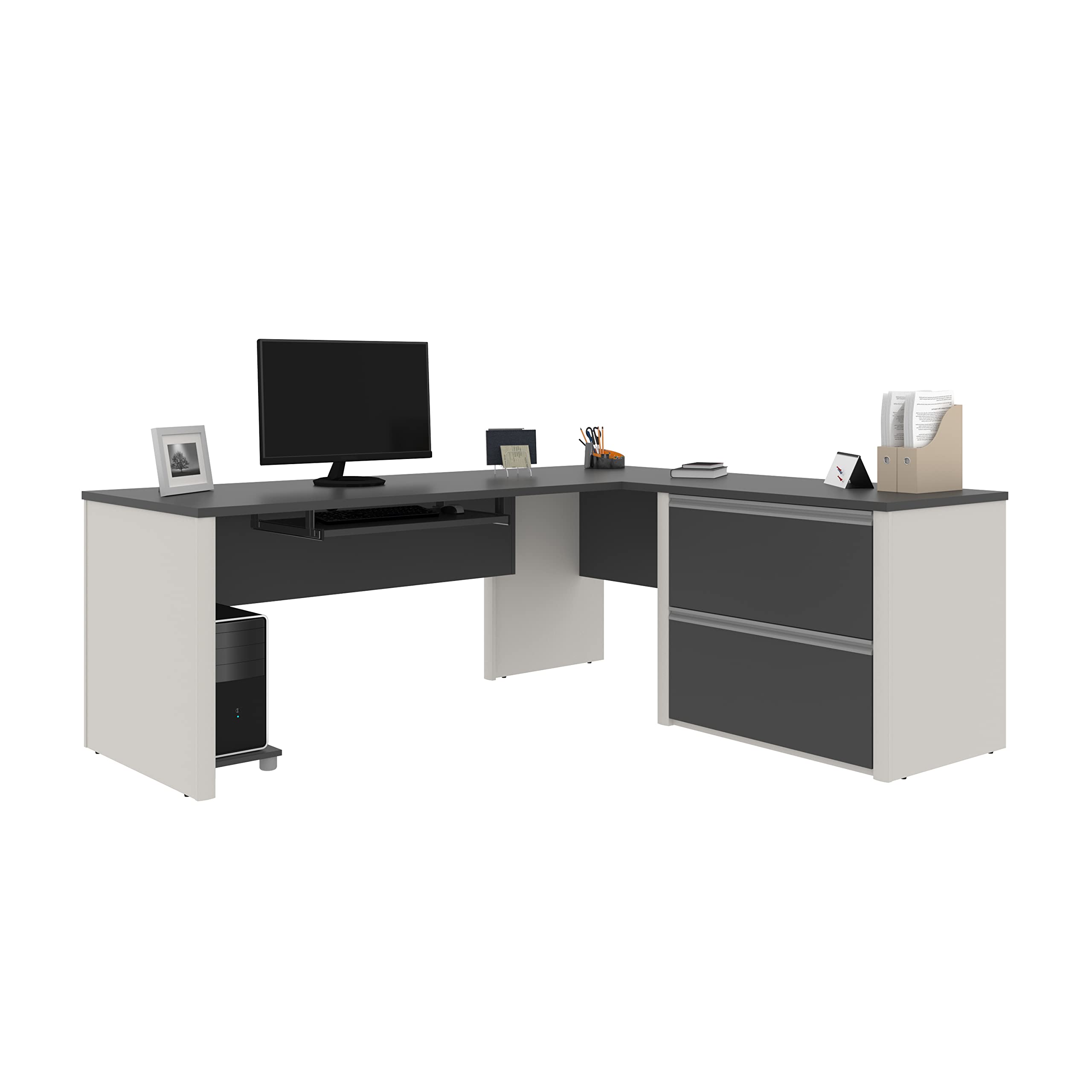 Bestar Connexion L-Shaped Office Desk with Oversized Storage Pedestal - Sandstone & Slate Finish for Home Office or Gaming Setup