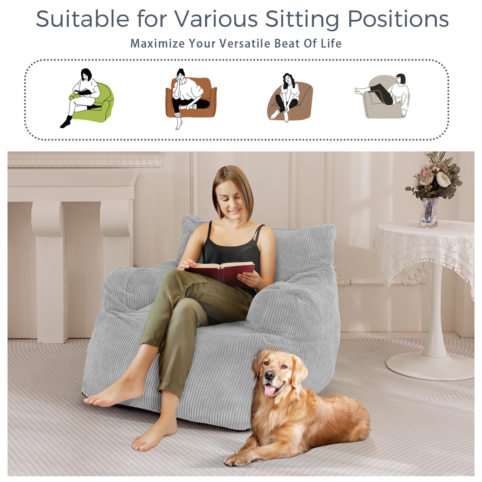 MAXYOYO Giant Bean Bag Chair - Oversized Stuffed Bean Bag Couch for Living Room, Bedroom & Game Room - Ultra Soft Grey Memory Foam Lounger - Perfect for Relaxing, Gaming & Movie Nights