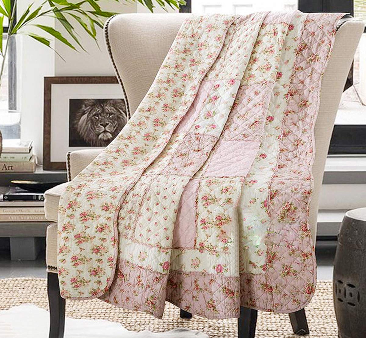 Cozyholy 100% Cotton Reversible Patchwork Quilt - Vintage Pink Floral Shabby Chic Bedspread & Throw Blanket for Bed, Couch, Sofa | Perfect for Home Decor, Gift Giving, and Cozy Nights