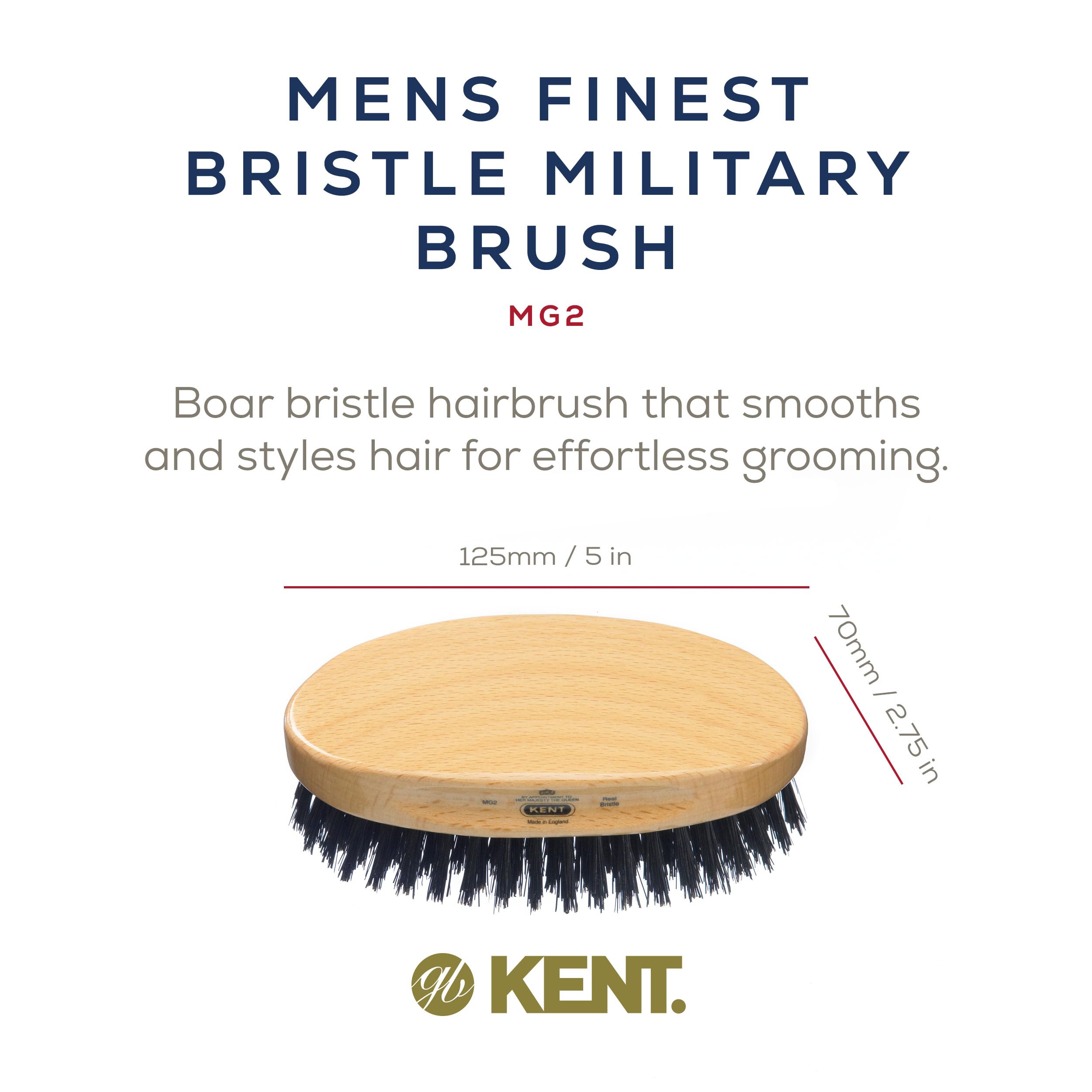 Kent MG2 Boar Bristle Hair Brush for Men - Military Style for Fine Hair & Waves | Travel & Grooming Essential