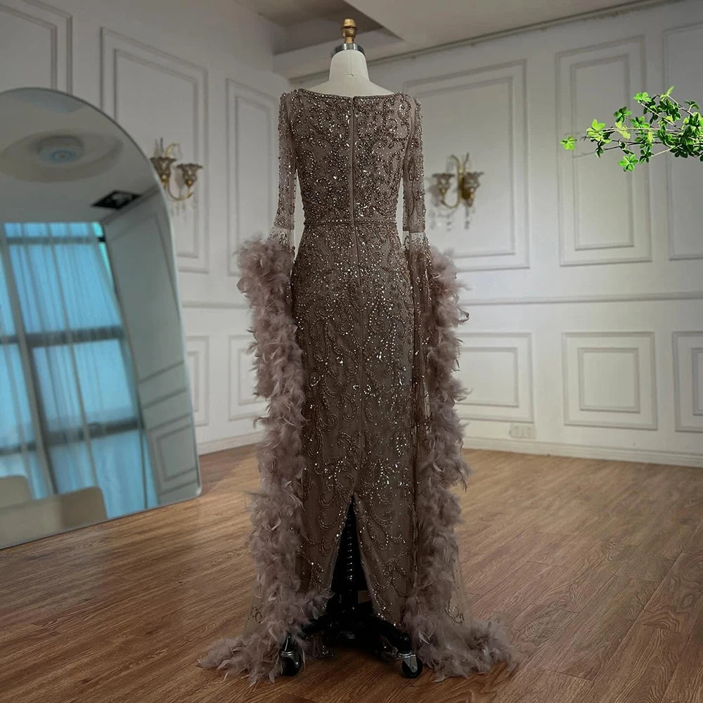 Luxury Dubai Flared Sleeves Mermaid Evening Gown with Turquoise Beads & Feathers - Formal Dresses for Prom, Gala & Special Occasions - LA72767