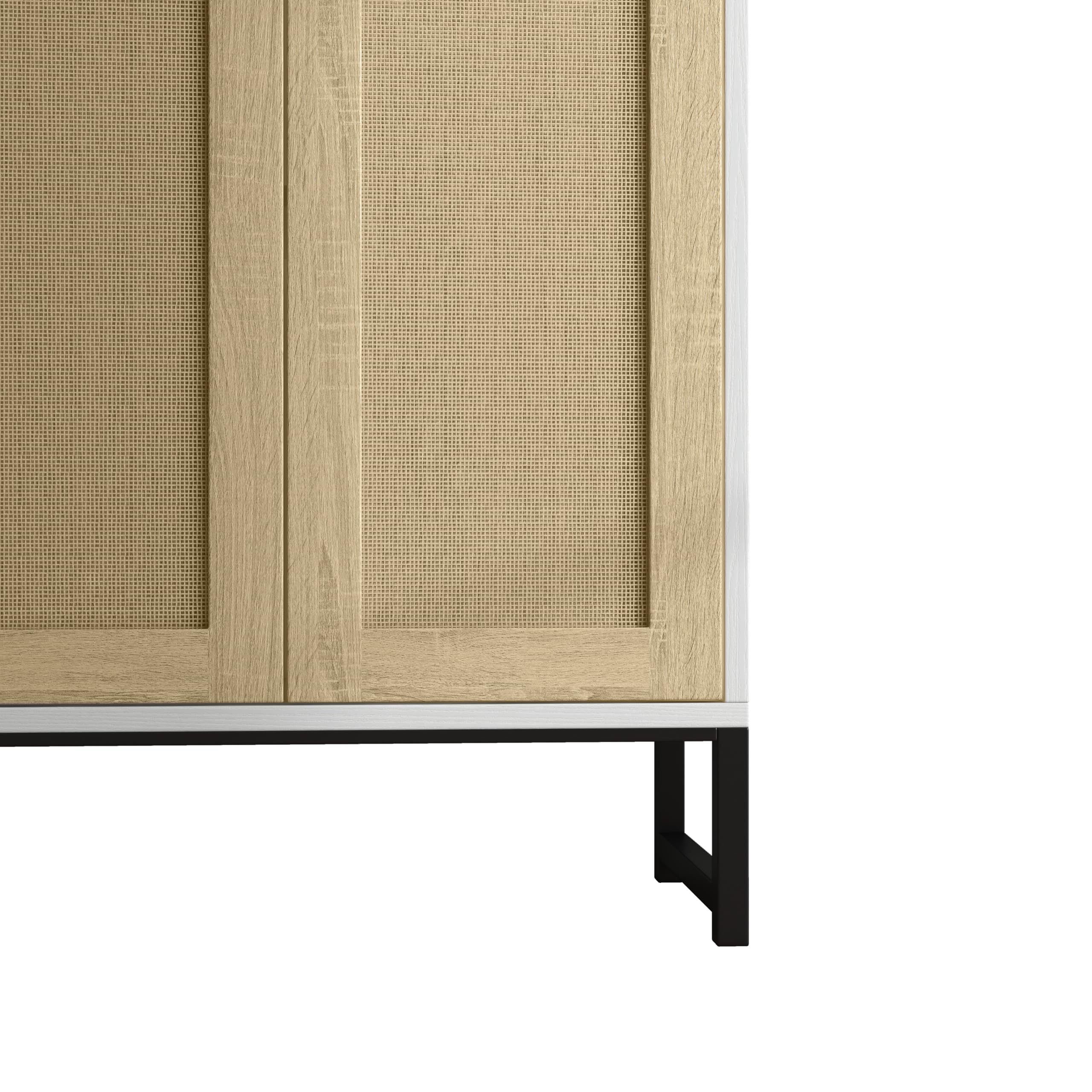 Panana 4-Door Sideboard Accent Storage Cabinet with Rattan Decor - White Freestanding Kitchen Buffet & Dining Room Cupboard | Perfect for Farmhouse Decor, Kitchen Organization & Dining Room Storage
