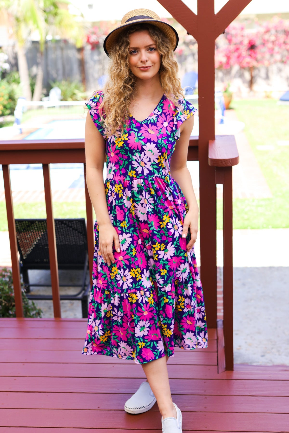 Diva Dreams Navy & Lilac Floral Fit & Flare Midi Dress for Women - Elegant Summer Party & Wedding Guest Outfit