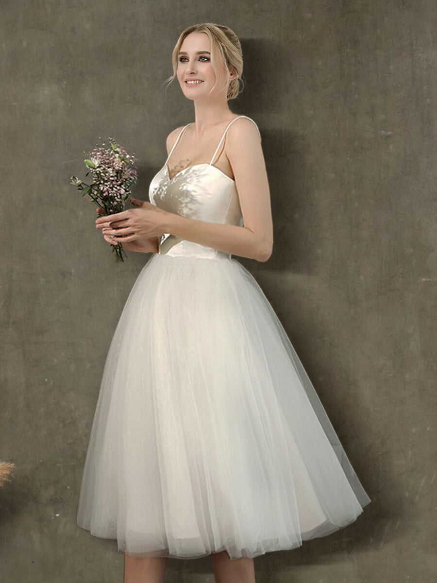 Elegant A-Line Ballet Spaghetti Straps Sweetheart Satin Tulle Short Wedding Dress for Bride, Bridesmaid, or Prom - Perfect for Beach Weddings, Vow Renewals & Romantic Photo Shoots