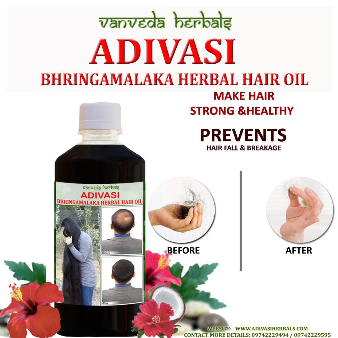Adivasi Bhringamalaka Herbal Hair Oil 250ml - 100% Pure Ayurvedic Treatment for Long, Shiny & Strong Hair | Natural Hair Growth Solution for Dry Scalp, Split Ends & Hair Fall | Perfect for Daily Hair Care & Massage