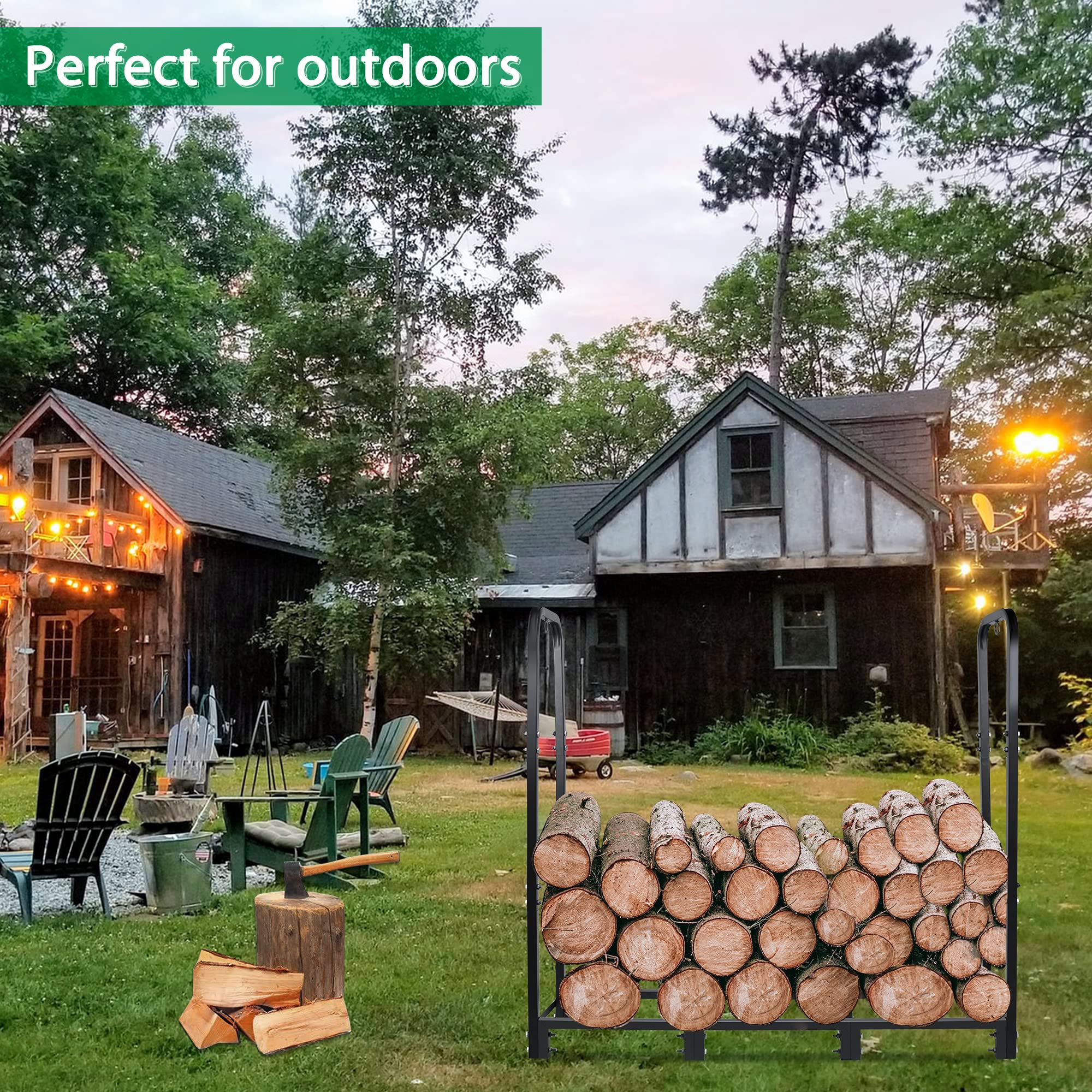 Heavy Duty 4ft Firewood Rack Stand - Indoor/Outdoor Metal Log Holder for Fireplace, Wood Storage & Stacking - Matte Black - Perfect for Patio, Backyard, and Fireplace Wood Organization