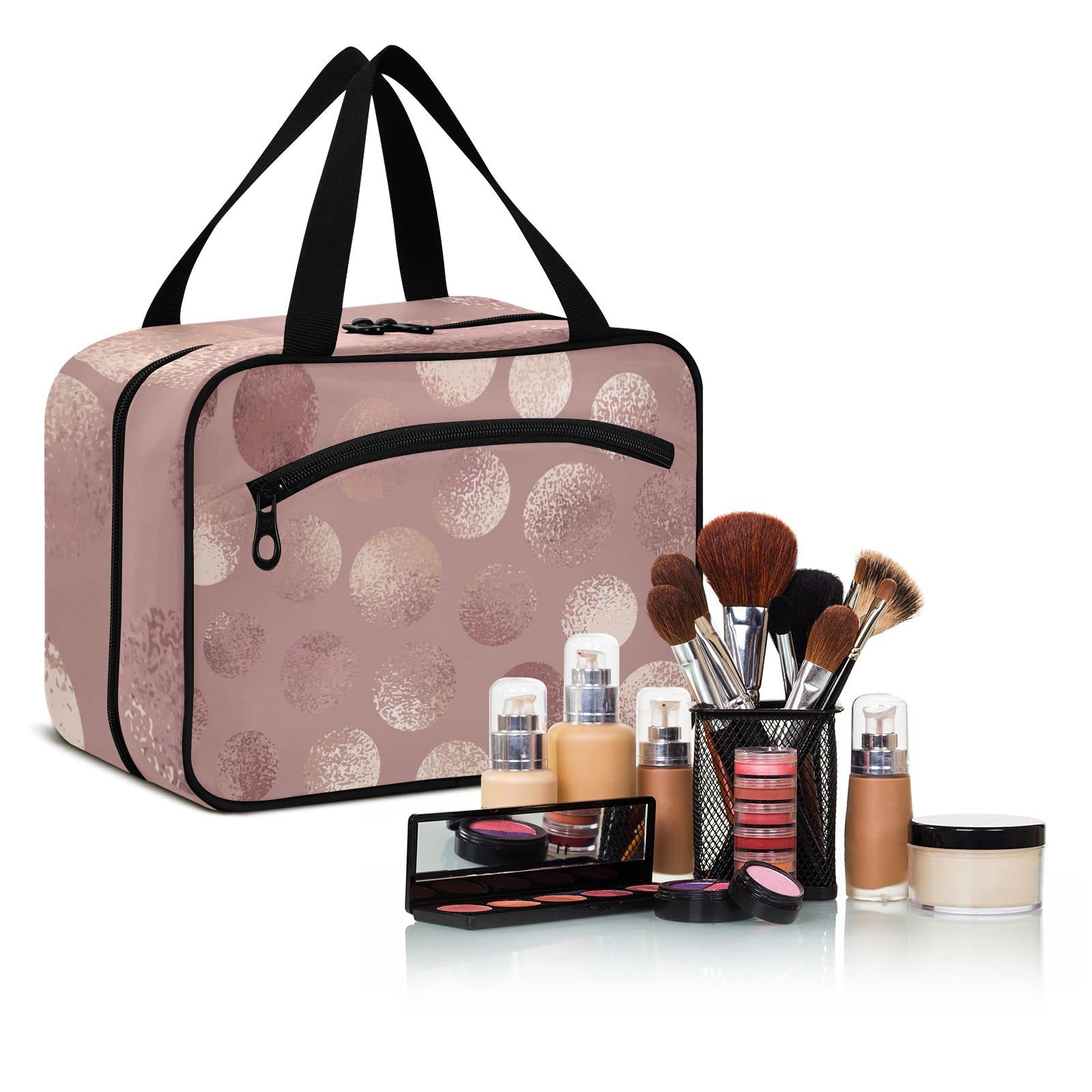 Rose Gold Polka Dots Travel Toiletry Bag - Large Cosmetic Organizer with Hanging Hook for Women | Perfect for Travel & Gym